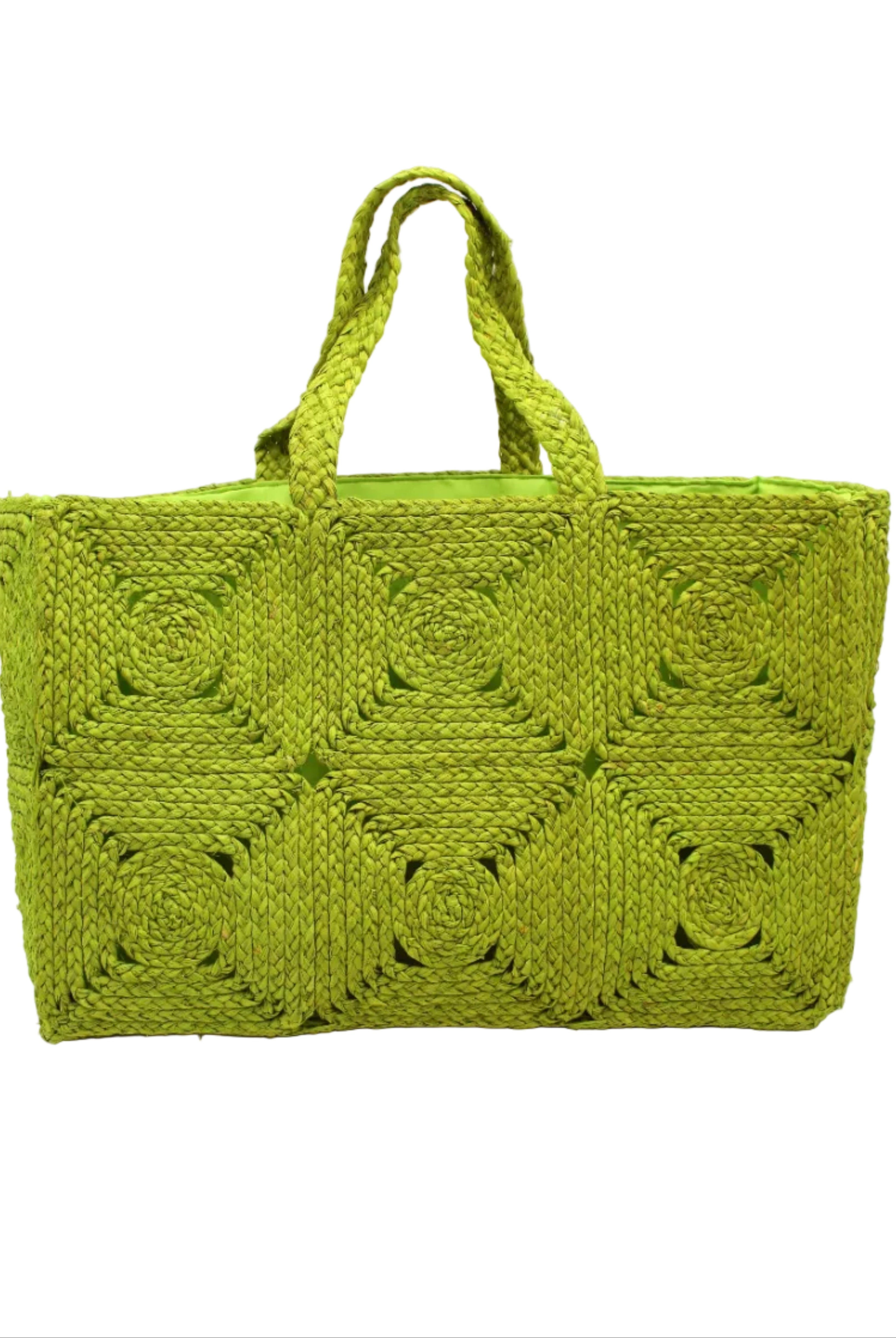 Gemma Crochet Disc Rectangle Large Straw Basket Handbag handmade braided natural raffia palm fiber in a solid hue of midori bright/neon/lime/green with subtle square disc pattern around the outside of the bag in two horizontal bands of squares creating a geometric pattern and matching woven handles beach bag purse - Shebobo
