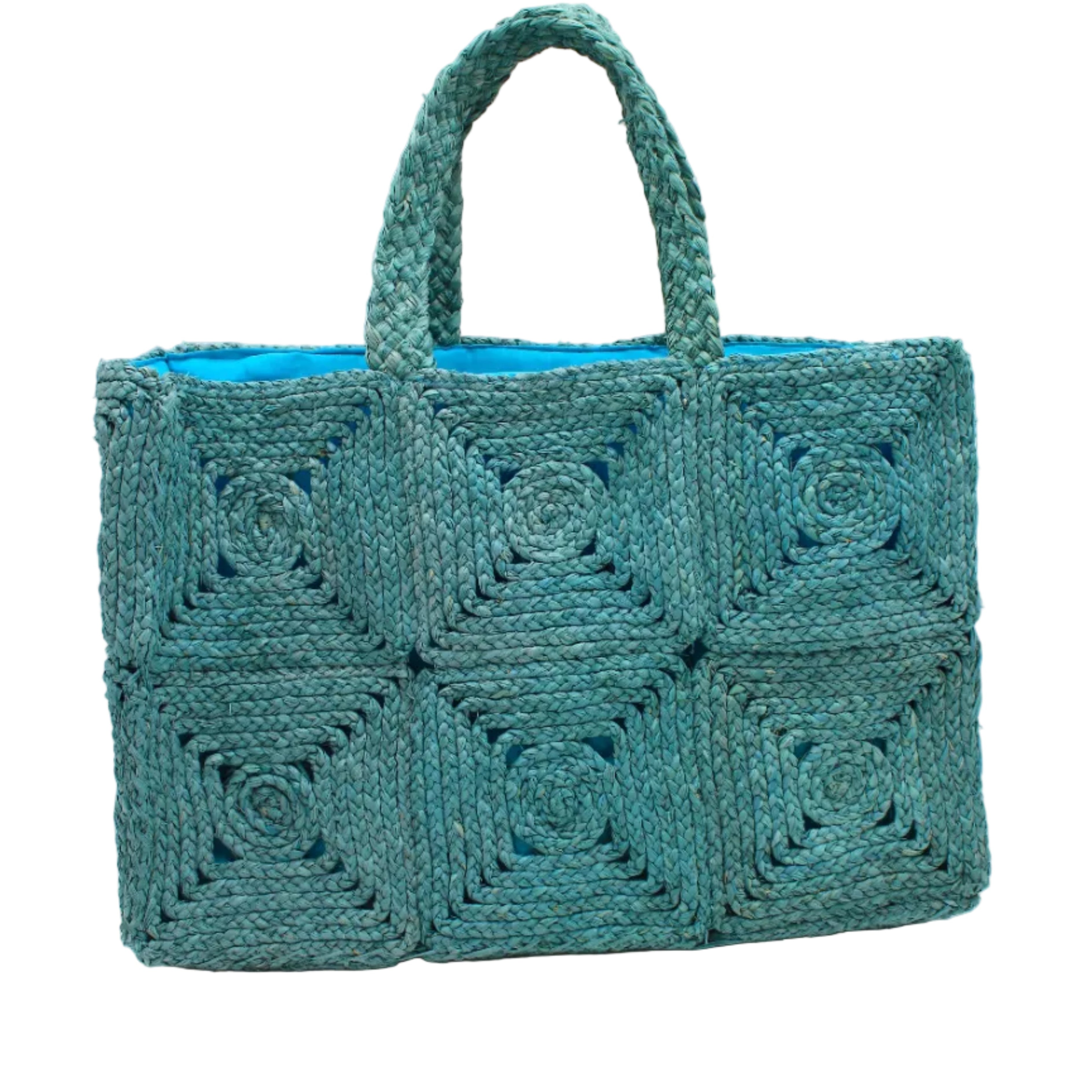 Gemma Crochet Disc Rectangle Large Straw Basket Handbag handmade braided natural raffia palm fiber in a solid hue of turquoise blue/green with subtle square disc pattern around the outside of the bag in two horizontal bands of squares creating a geometric pattern and matching woven handles beach bag purse - Shebobo