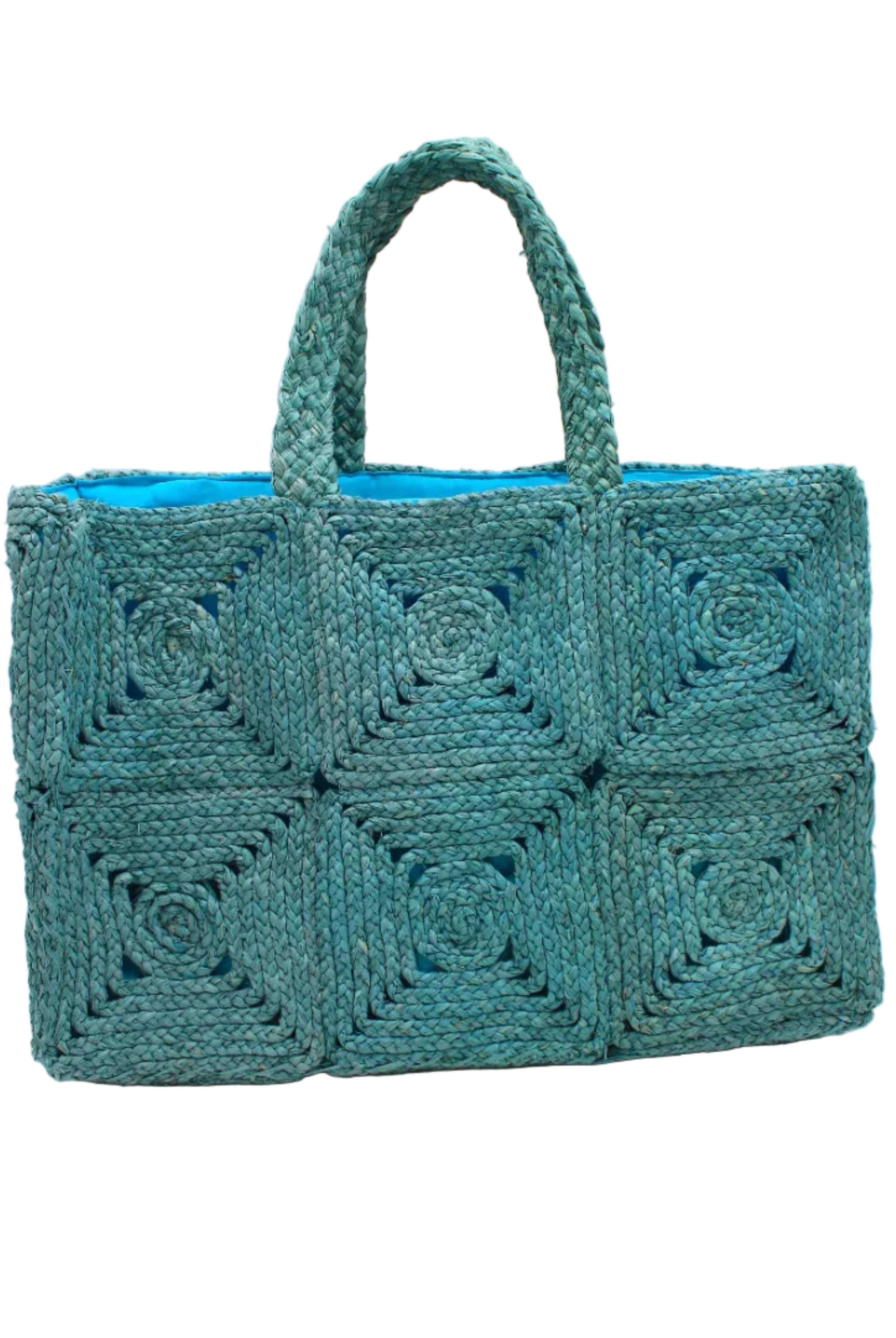 Gemma Crochet Disc Rectangle Large Straw Basket Handbag handmade braided natural raffia palm fiber in a solid hue of turquoise blue/green with subtle square disc pattern around the outside of the bag in two horizontal bands of squares creating a geometric pattern and matching woven handles beach bag purse - Shebobo