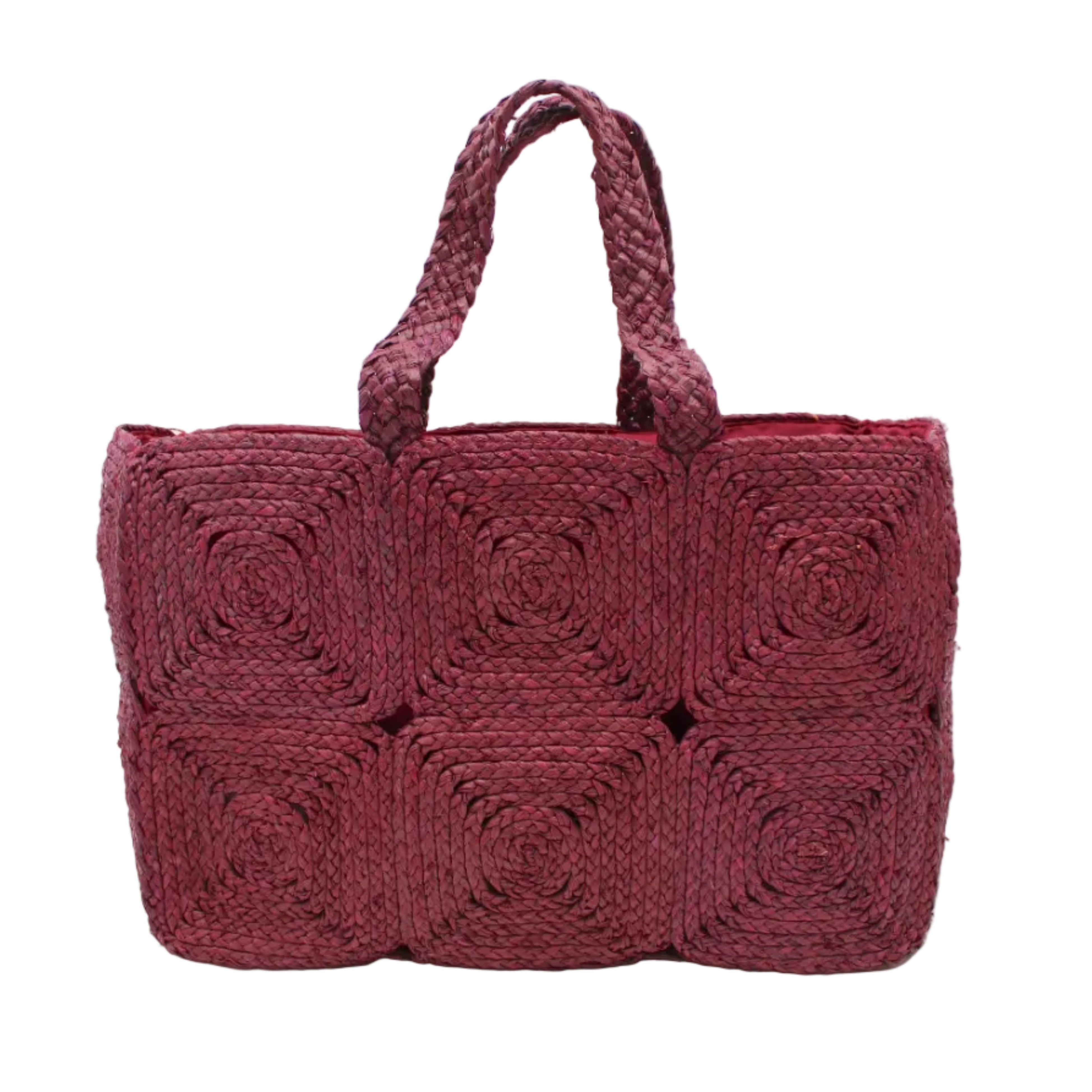 Gemma Crochet Disc Rectangle Large Straw Basket Handbag handmade braided natural raffia palm fiber in a solid hue of Umberwine burgundy/bordeaux/dark/purple/red with subtle square disc pattern around the outside of the bag in two horizontal bands of squares creating a geometric pattern and matching woven handles beach bag purse - Shebobo
