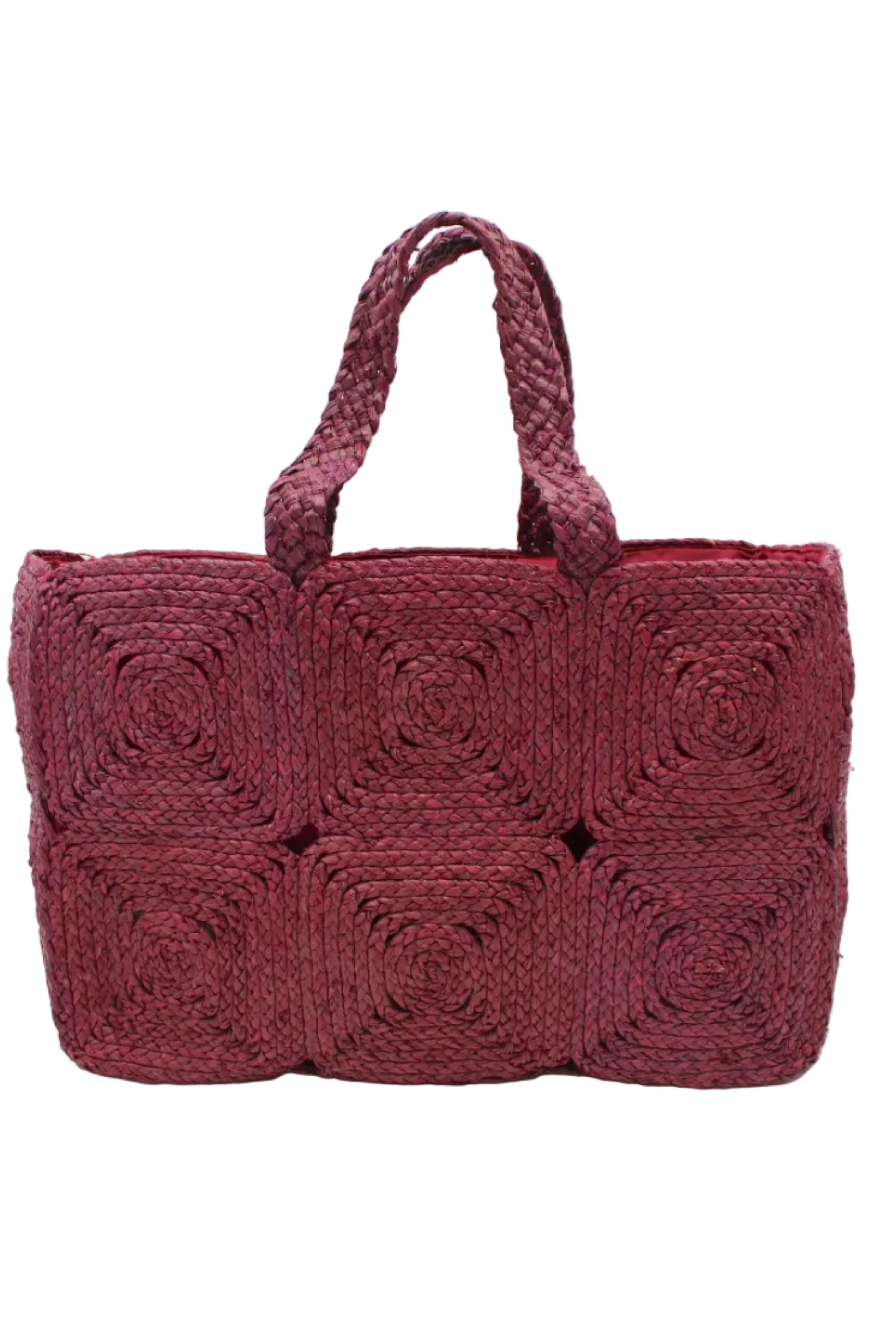 Gemma Crochet Disc Rectangle Large Straw Basket Handbag handmade braided natural raffia palm fiber in a solid hue of Umberwine burgundy/bordeaux/dark/purple/red with subtle square disc pattern around the outside of the bag in two horizontal bands of squares creating a geometric pattern and matching woven handles beach bag purse - Shebobo
