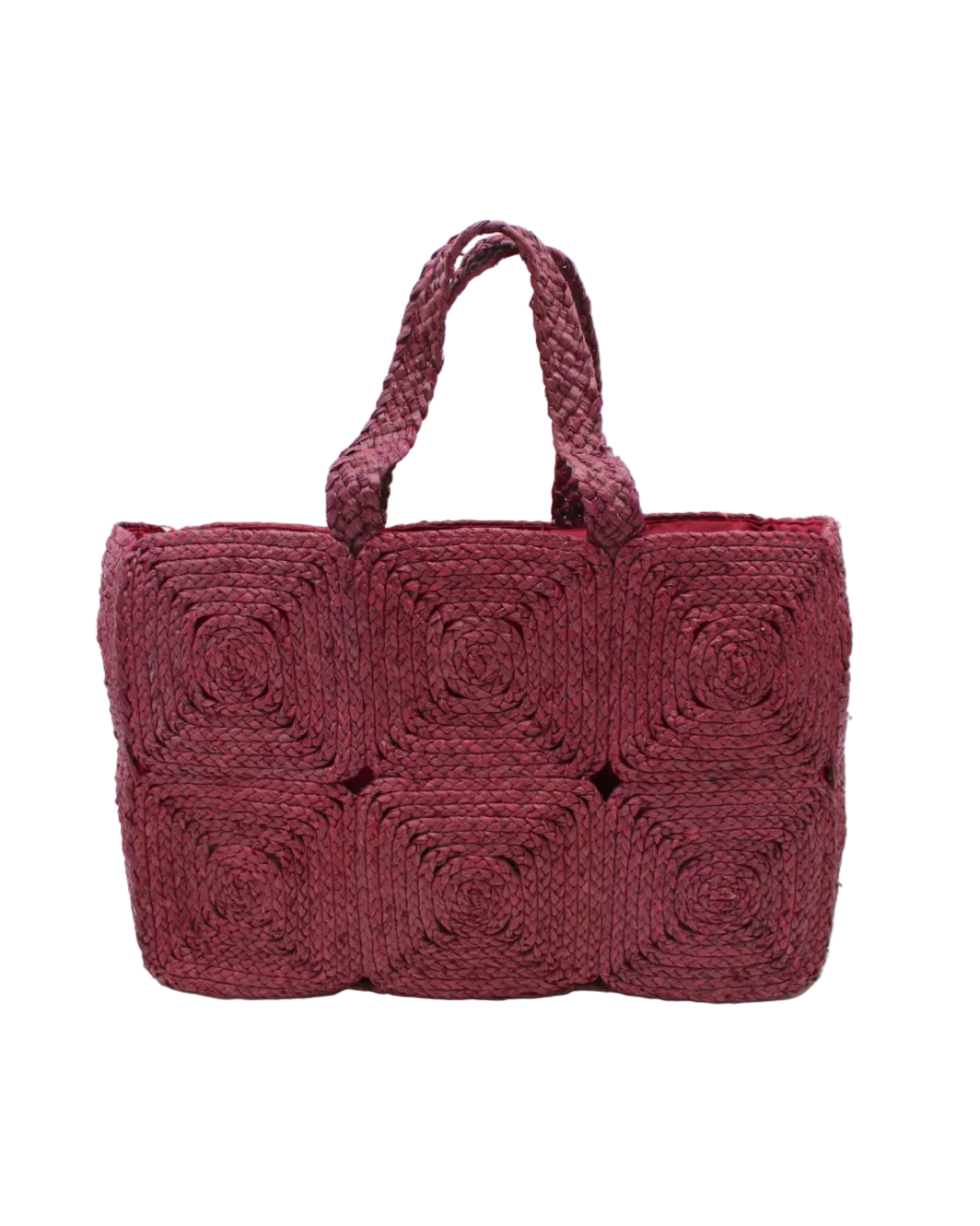 Gemma Crochet Disc Rectangle Large Straw Basket Handbag handmade braided natural raffia palm fiber in a solid hue of Umberwine burgundy/bordeaux/dark/purple/red with subtle square disc pattern around the outside of the bag in two horizontal bands of squares creating a geometric pattern and matching woven handles beach bag purse - Shebobo