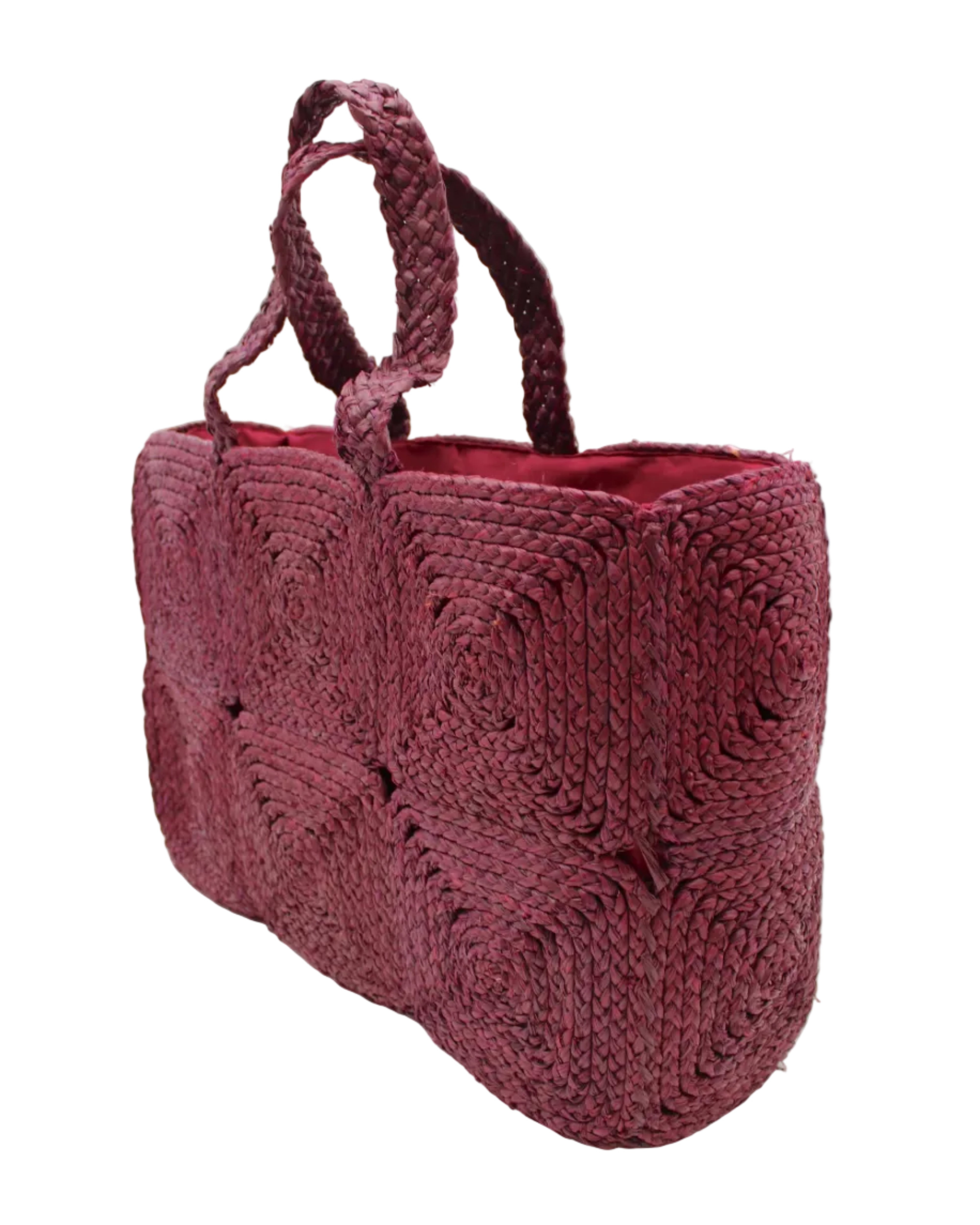 Side view Gemma Crochet Disc Rectangle Large Straw Basket Handbag handmade braided natural raffia palm fiber in a solid hue of Umberwine burgundy/bordeaux/dark/purple/red with subtle square disc pattern around the outside of the bag in two horizontal bands of squares creating a geometric pattern and matching woven handles beach bag purse - Shebobo