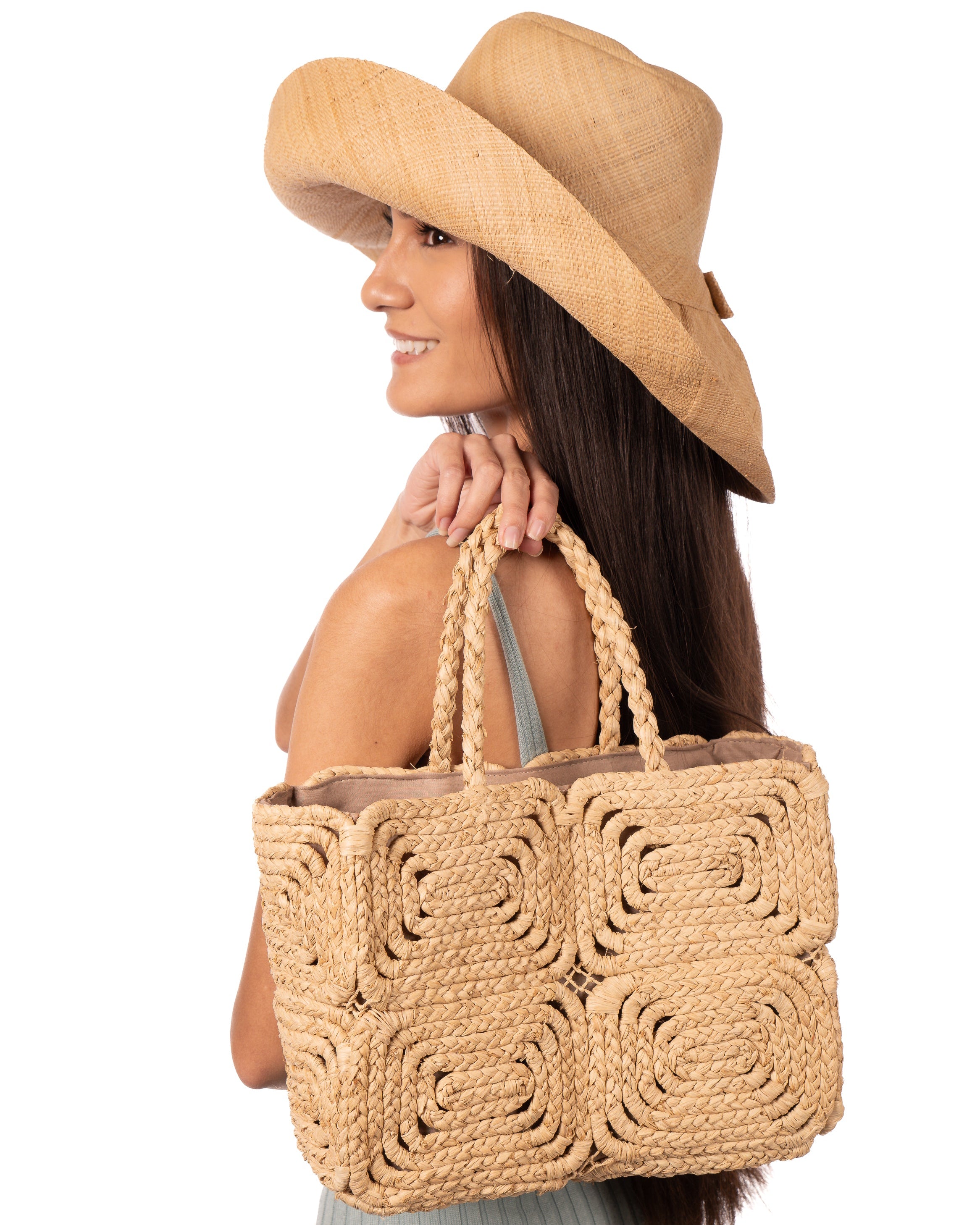 Gemma Crochet Disc Rectangle Natural Straw Basket Handbag handmade woven raffia palm fiber in a solid hued pattern of natural straw color create a coiled braid disc pattern result in a star pattern around the bag with matching woven handles top handle bag - Shebobo (with Monida 5" & 7" Wide Brim Natural Packable Straw Sun Hat)