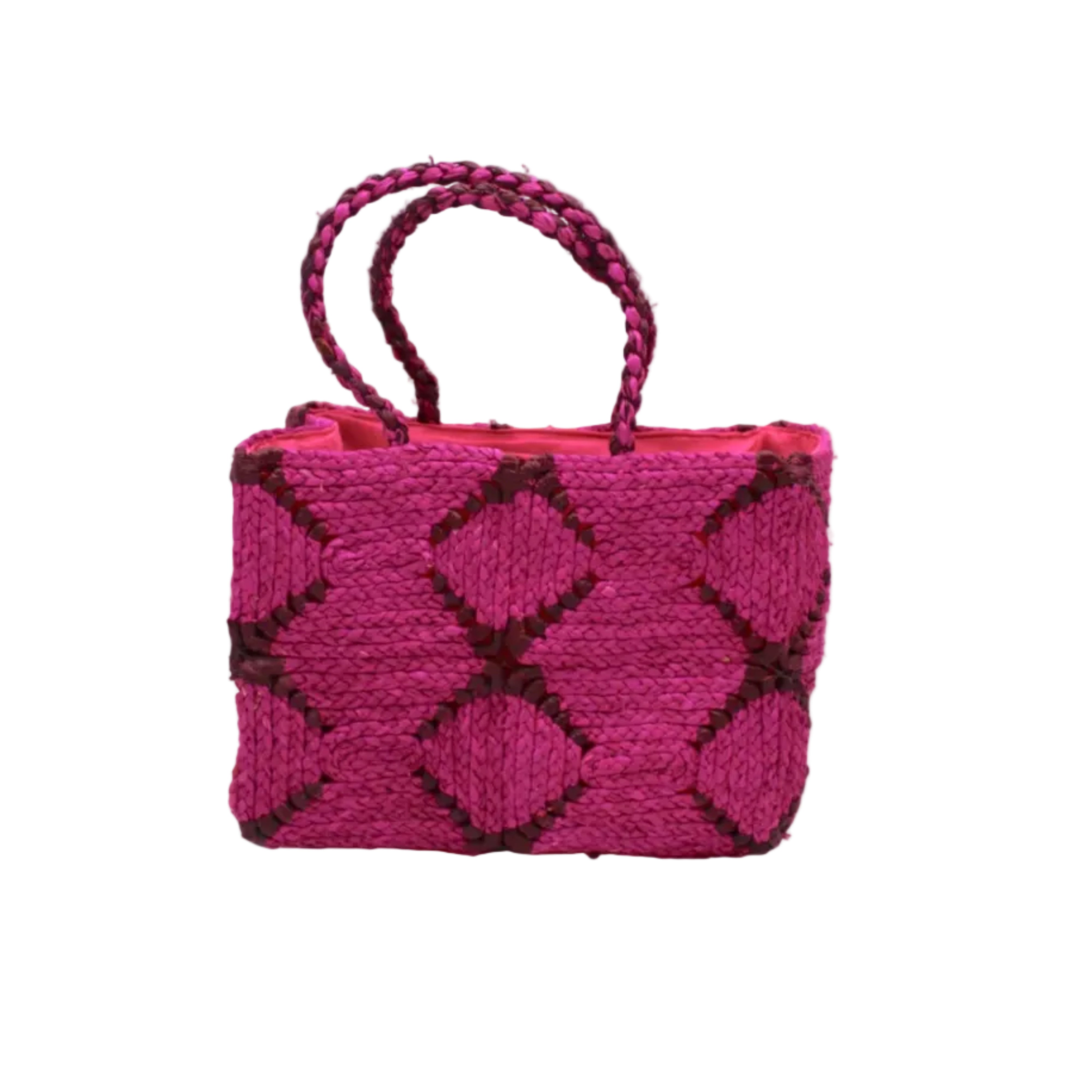 Gemma Crochet Disc Rectangle Fuchsia and Umberwine Straw Basket Handbag handmade woven raffia palm fiber in a two tone multicolor pattern of fuchsia hot/bright/barbie/pink and umberwine dark/red/purple/burgundy/bordeaux/claret create a coiled braid disc pattern result in a star pattern around the bag with matching woven handles top handle bag - Shebobo