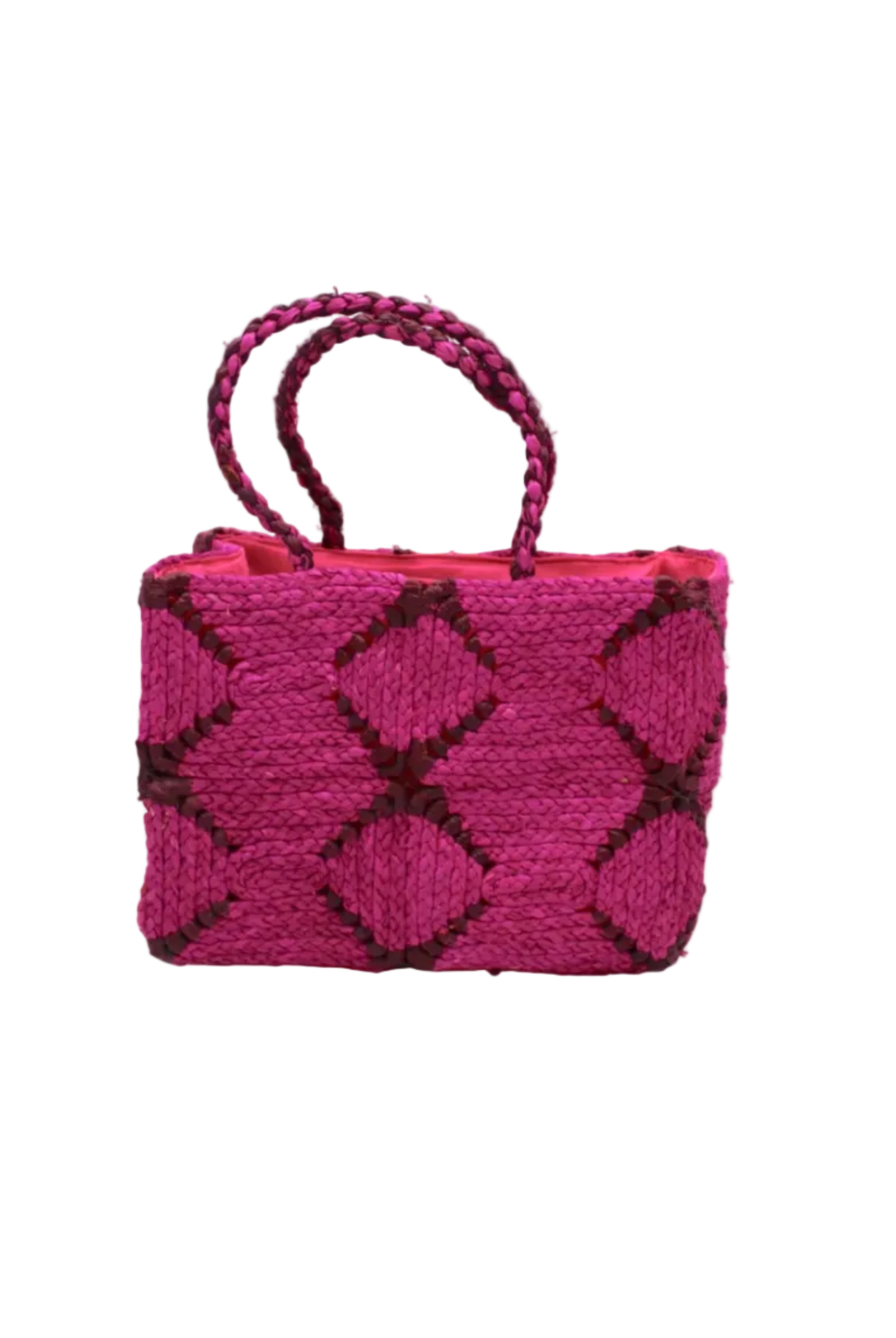 Gemma Crochet Disc Rectangle Fuchsia and Umberwine Straw Basket Handbag handmade woven raffia palm fiber in a two tone multicolor pattern of fuchsia hot/bright/barbie/pink and umberwine dark/red/purple/burgundy/bordeaux/claret create a coiled braid disc pattern result in a star pattern around the bag with matching woven handles top handle bag - Shebobo