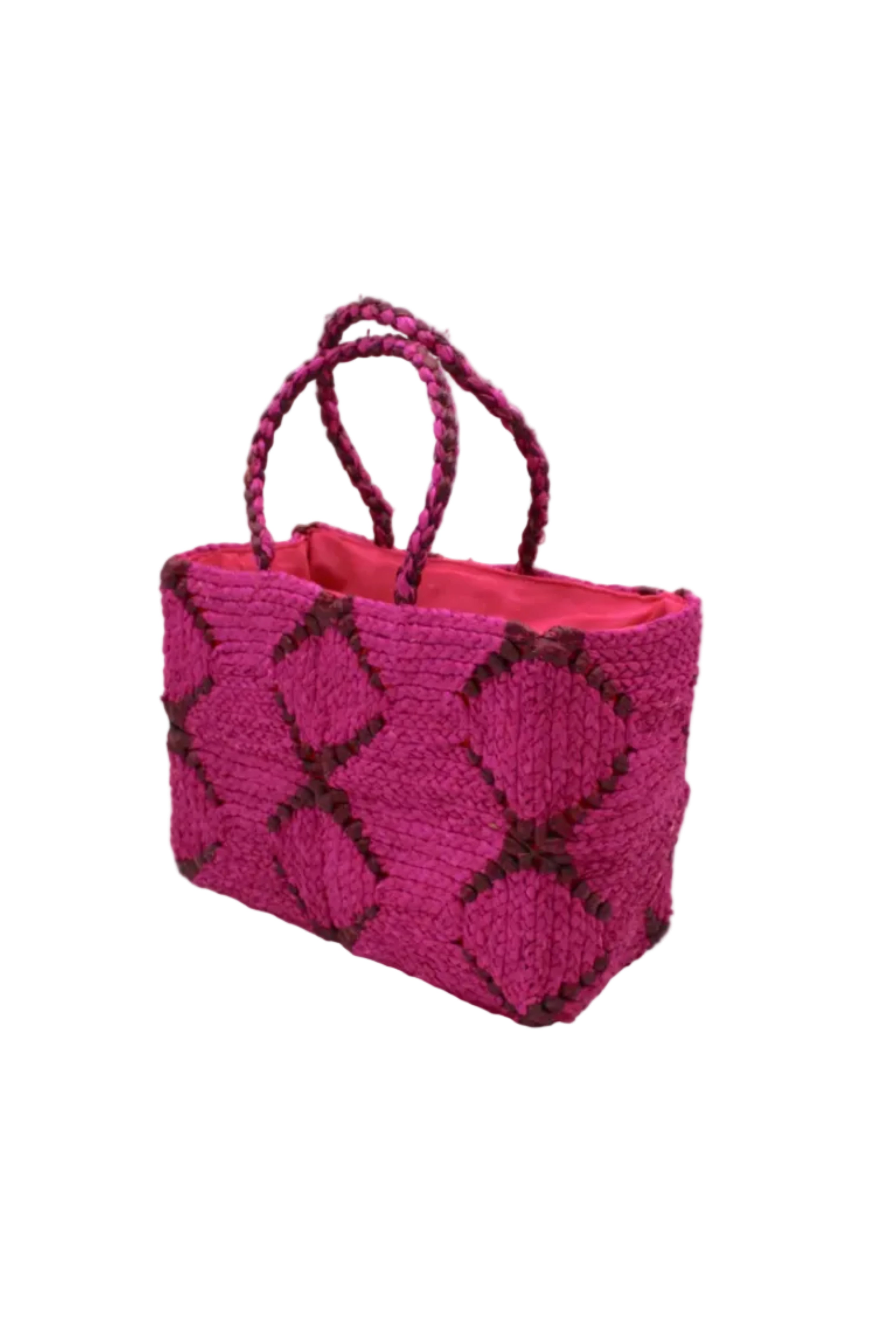 Side view Gemma Crochet Disc Rectangle Fuchsia and Umberwine Straw Basket Handbag handmade woven raffia palm fiber in a two tone multicolor pattern of fuchsia hot/bright/barbie/pink and umberwine dark/red/purple/burgundy/bordeaux/claret create a coiled braid disc pattern result in a star pattern around the bag with matching woven handles top handle bag - Shebobo