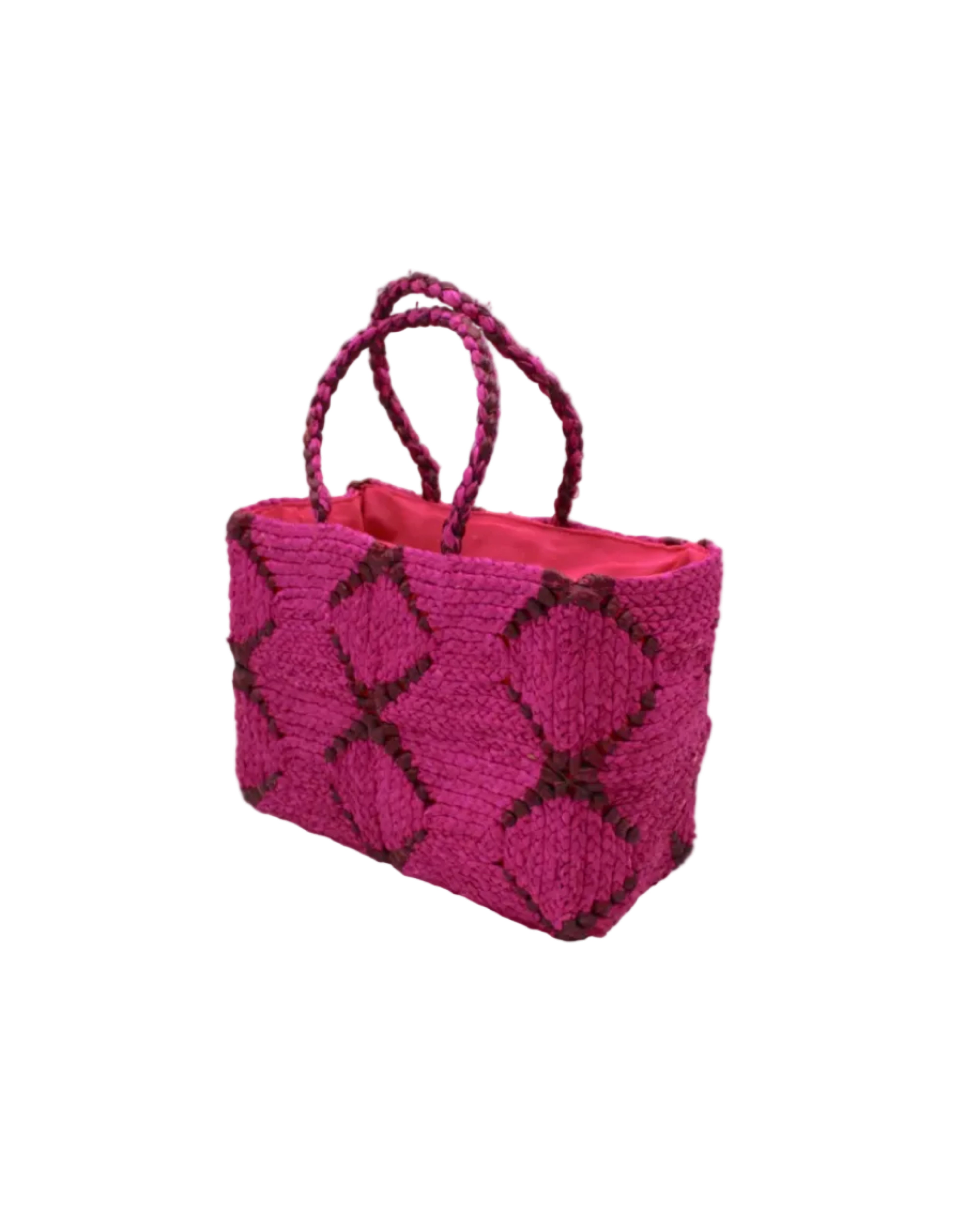 Side view Gemma Crochet Disc Rectangle Fuchsia and Umberwine Straw Basket Handbag handmade woven raffia palm fiber in a two tone multicolor pattern of fuchsia hot/bright/barbie/pink and umberwine dark/red/purple/burgundy/bordeaux/claret create a coiled braid disc pattern result in a star pattern around the bag with matching woven handles top handle bag - Shebobo