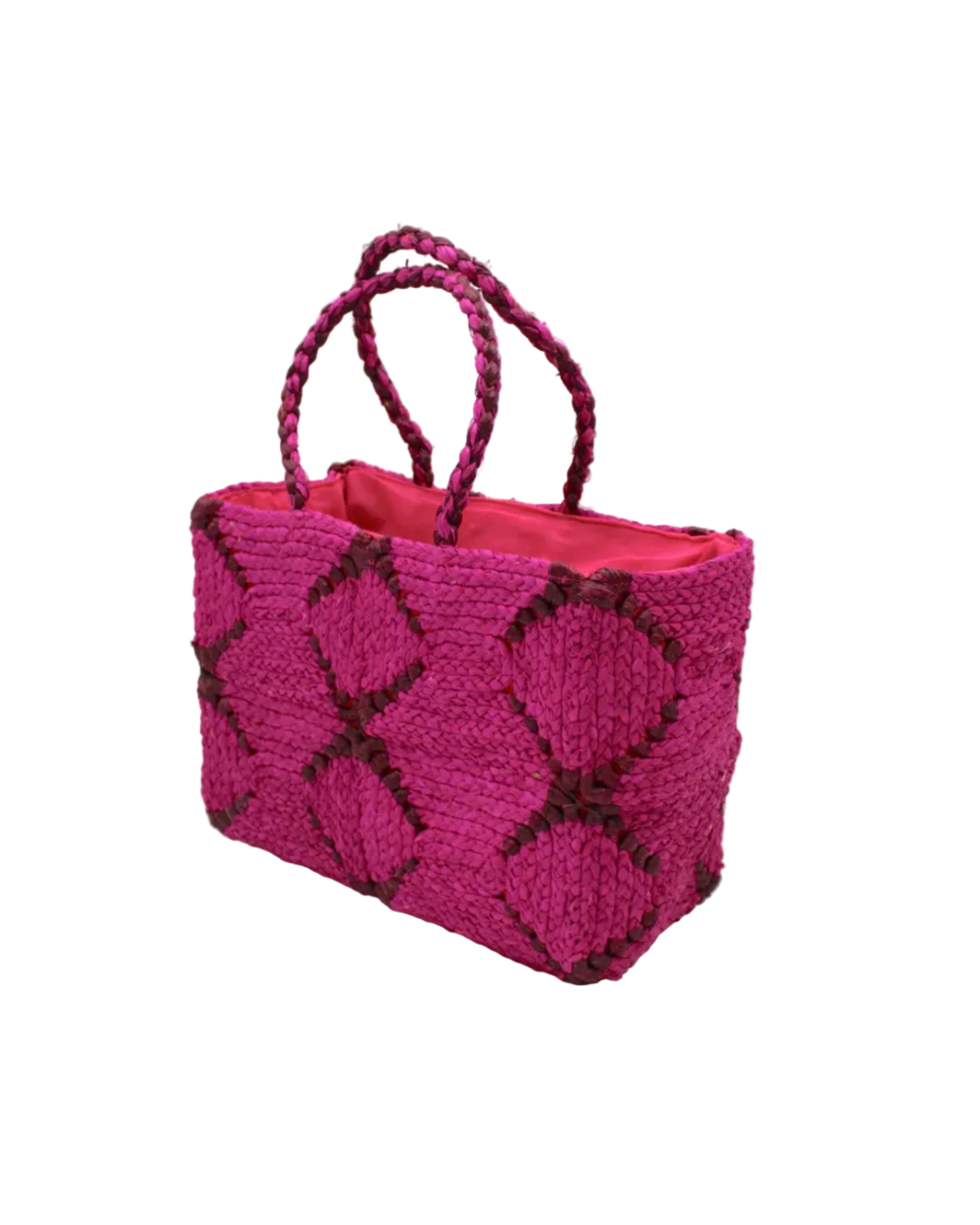 Side view Gemma Crochet Disc Rectangle Fuchsia and Umberwine Straw Basket Handbag handmade woven raffia palm fiber in a two tone multicolor pattern of fuchsia hot/bright/barbie/pink and umberwine dark/red/purple/burgundy/bordeaux/claret create a coiled braid disc pattern result in a star pattern around the bag with matching woven handles top handle bag - Shebobo