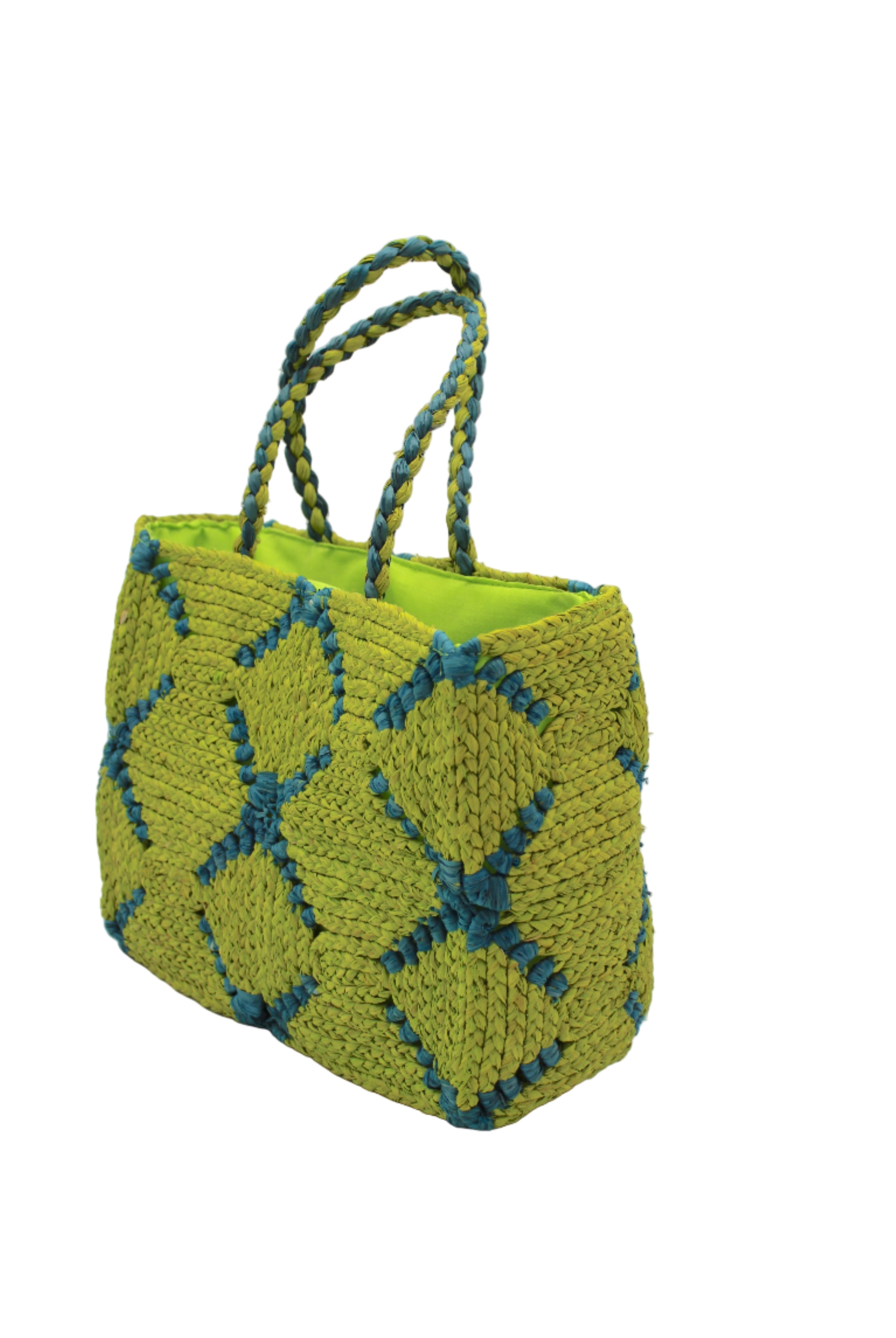 Side view Gemma Crochet Disc Rectangle Denim and Dusk Straw Basket Handbag handmade woven raffia palm fiber in a two tone multicolor pattern of Midori lime/bright/neon/green and Turquoise blue/green create a coiled braid disc pattern result in a star pattern around the bag with matching woven handles top handle bag - Shebobo