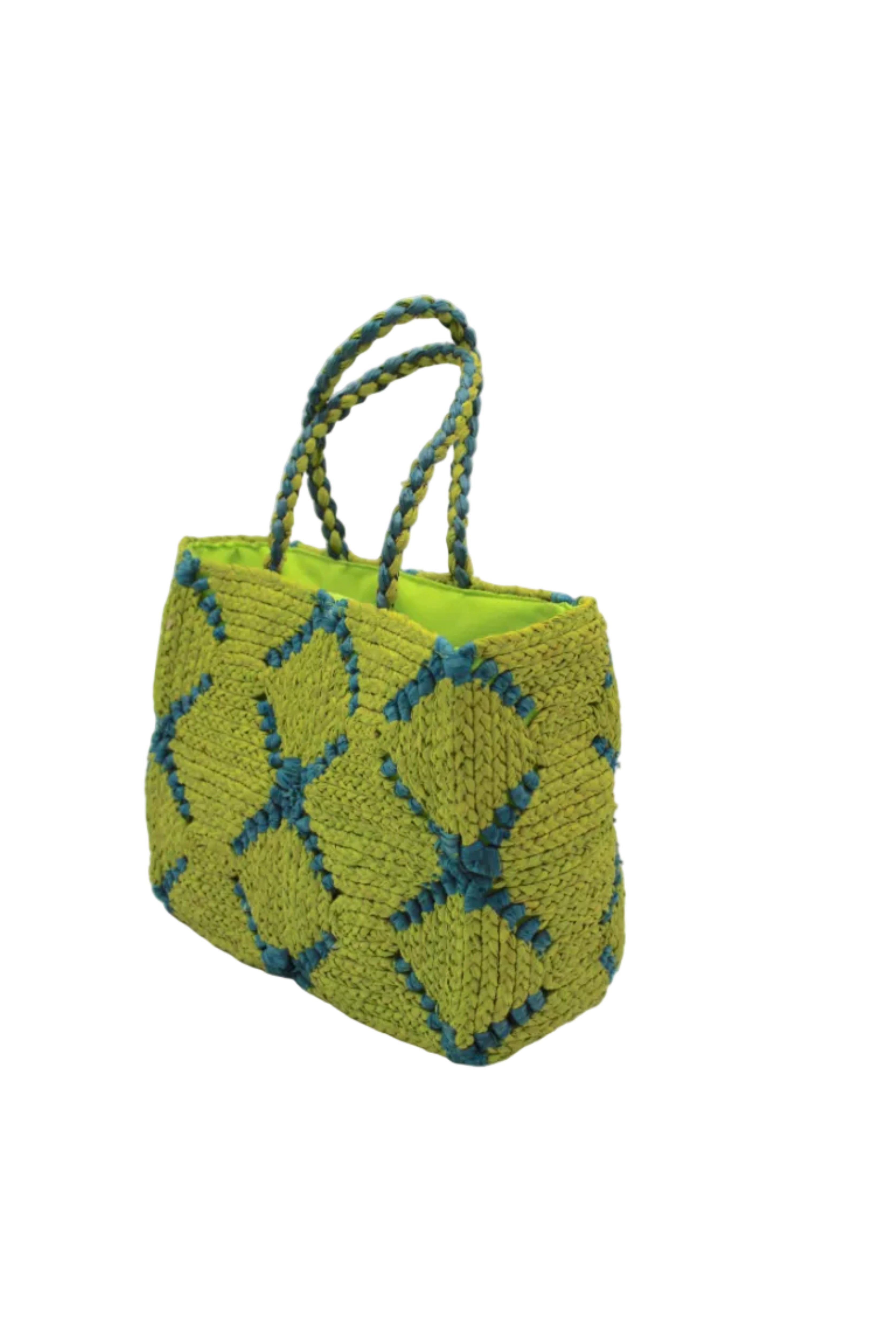 Side view Gemma Crochet Disc Rectangle Midori and Turquoise Straw Basket Handbag handmade woven raffia palm fiber in a two tone multicolor pattern of Midori lime/bright/neon/green and Turquoise blue/green create a coiled braid disc pattern result in a star pattern around the bag with matching woven handles top handle bag - Shebobo