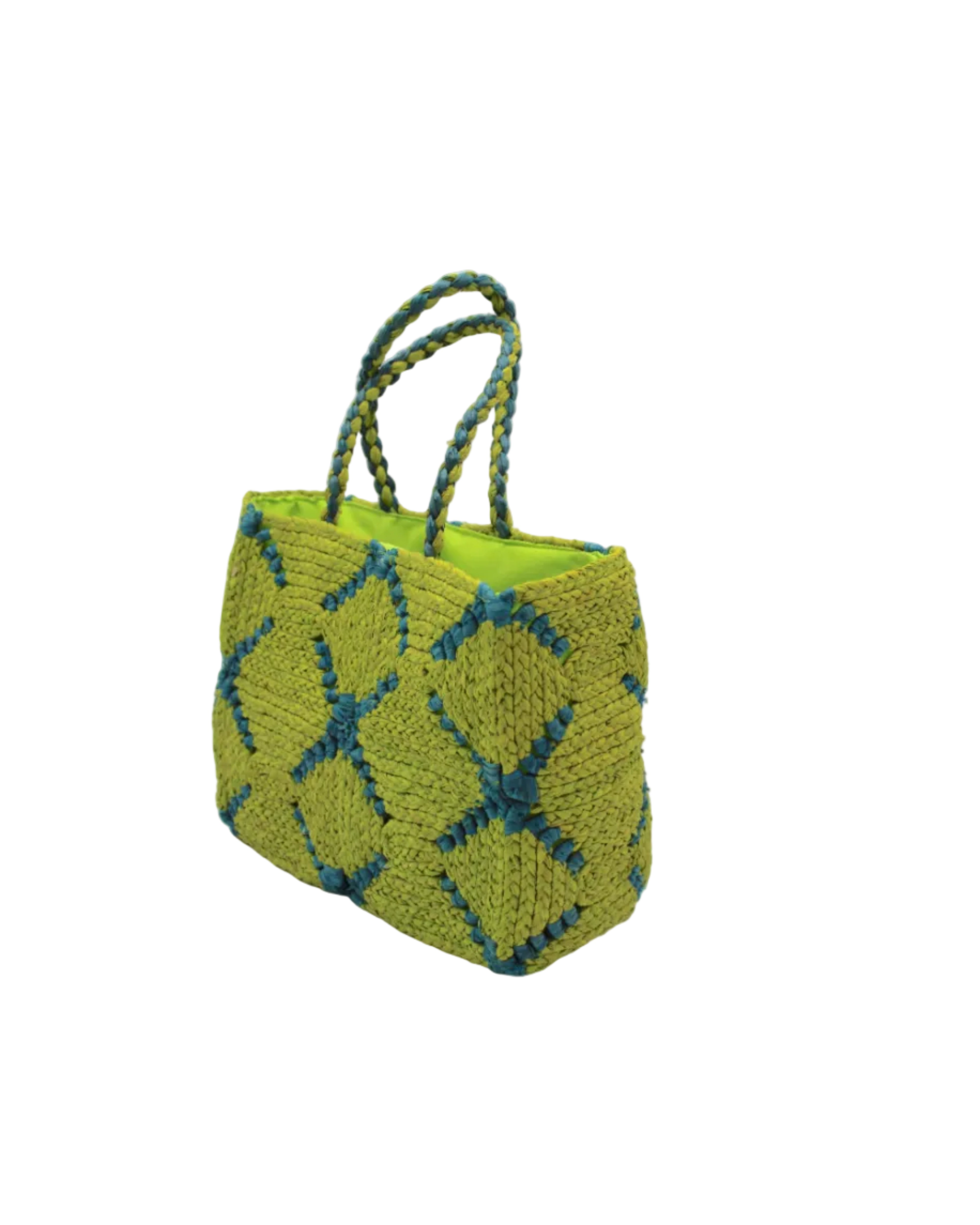 Side view Gemma Crochet Disc Rectangle Midori and Turquoise Straw Basket Handbag handmade woven raffia palm fiber in a two tone multicolor pattern of Midori lime/bright/neon/green and Turquoise blue/green create a coiled braid disc pattern result in a star pattern around the bag with matching woven handles top handle bag - Shebobo