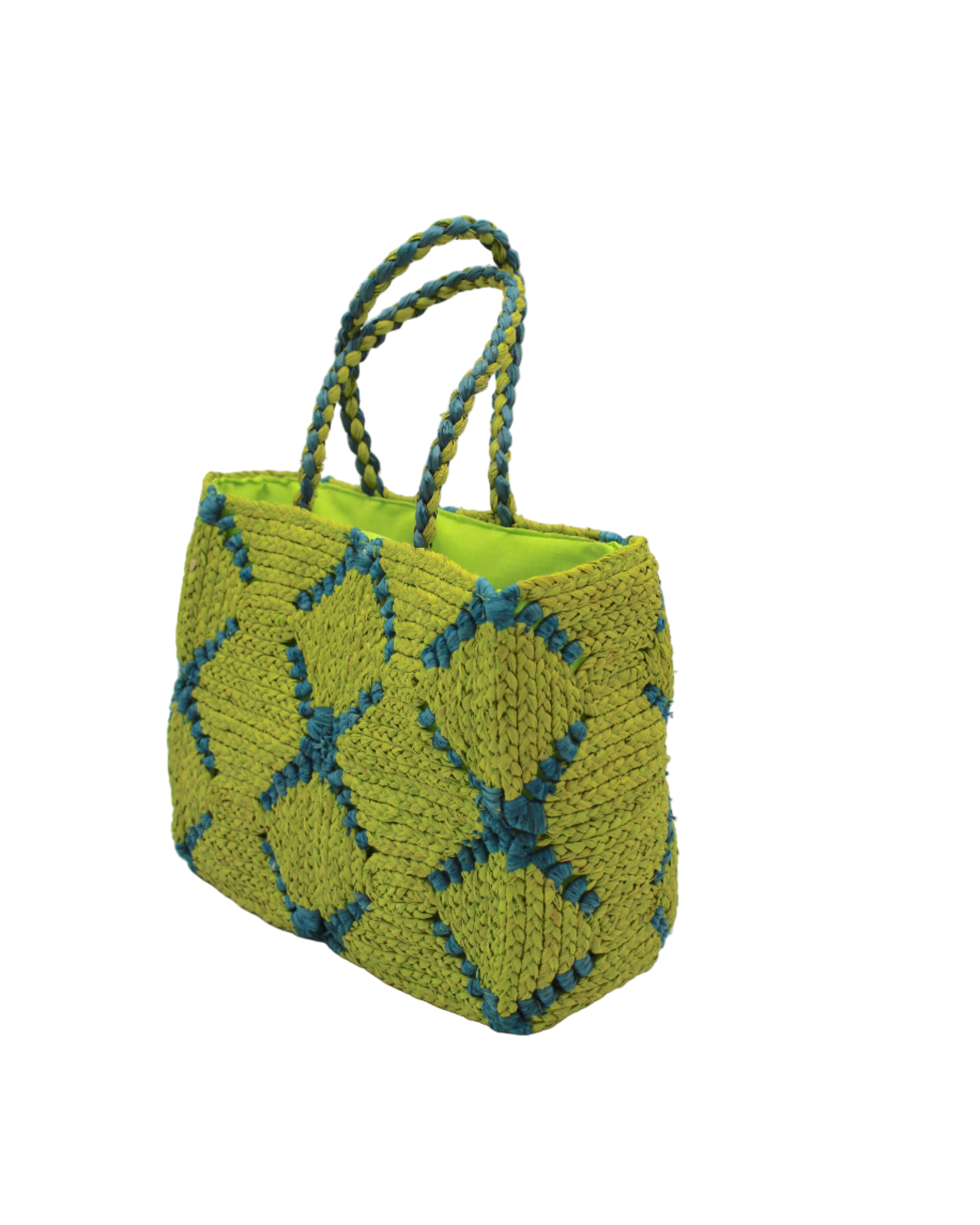 Side view Gemma Crochet Disc Rectangle Midori and Turquoise Straw Basket Handbag handmade woven raffia palm fiber in a two tone multicolor pattern of Midori lime/bright/neon/green and Turquoise blue/green create a coiled braid disc pattern result in a star pattern around the bag with matching woven handles top handle bag - Shebobo