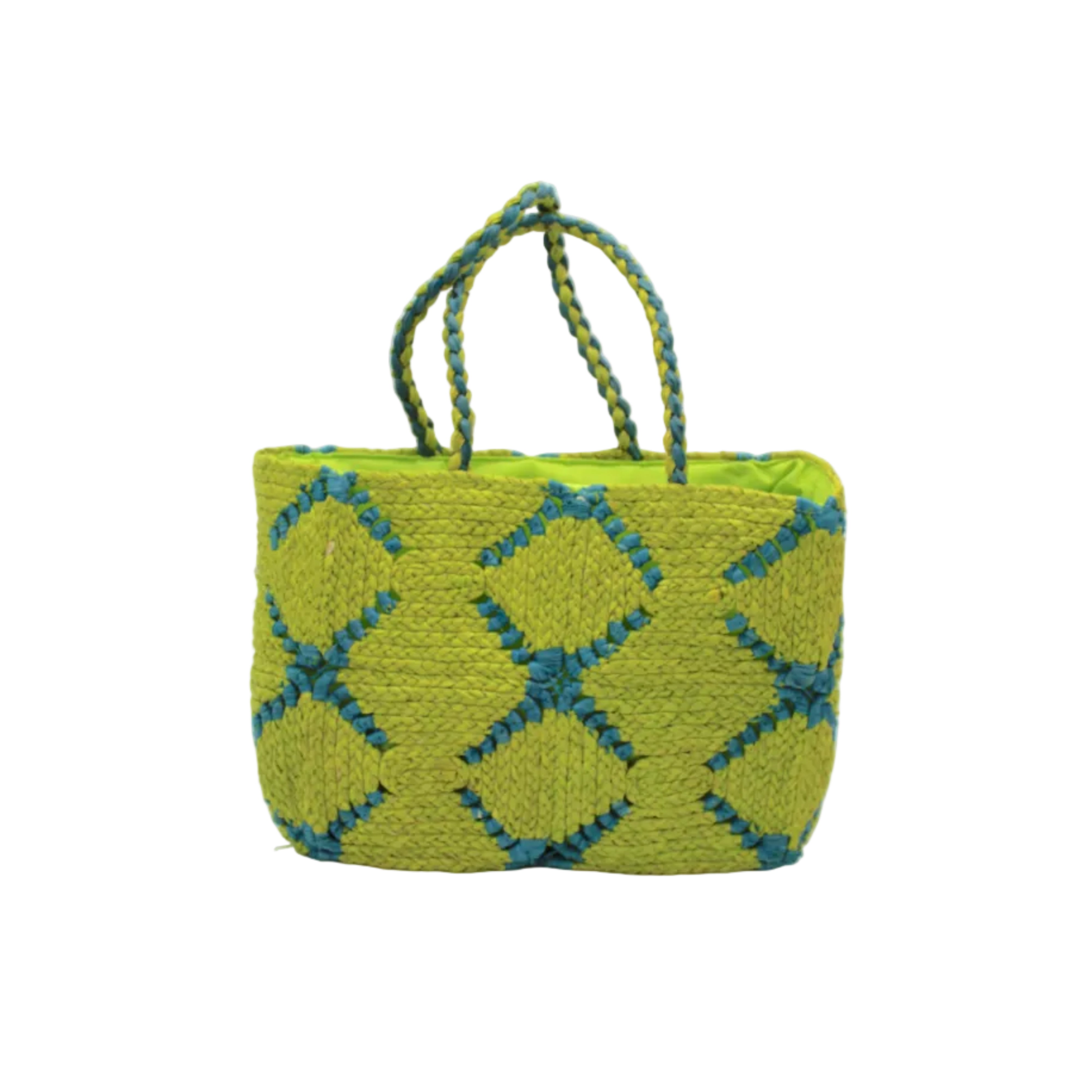 Gemma Crochet Disc Rectangle Midori and Turquoise Straw Basket Handbag handmade woven raffia palm fiber in a two tone multicolor pattern of Midori lime/bright/neon/green and Turquoise blue/green create a coiled braid disc pattern result in a star pattern around the bag with matching woven handles top handle bag - Shebobo