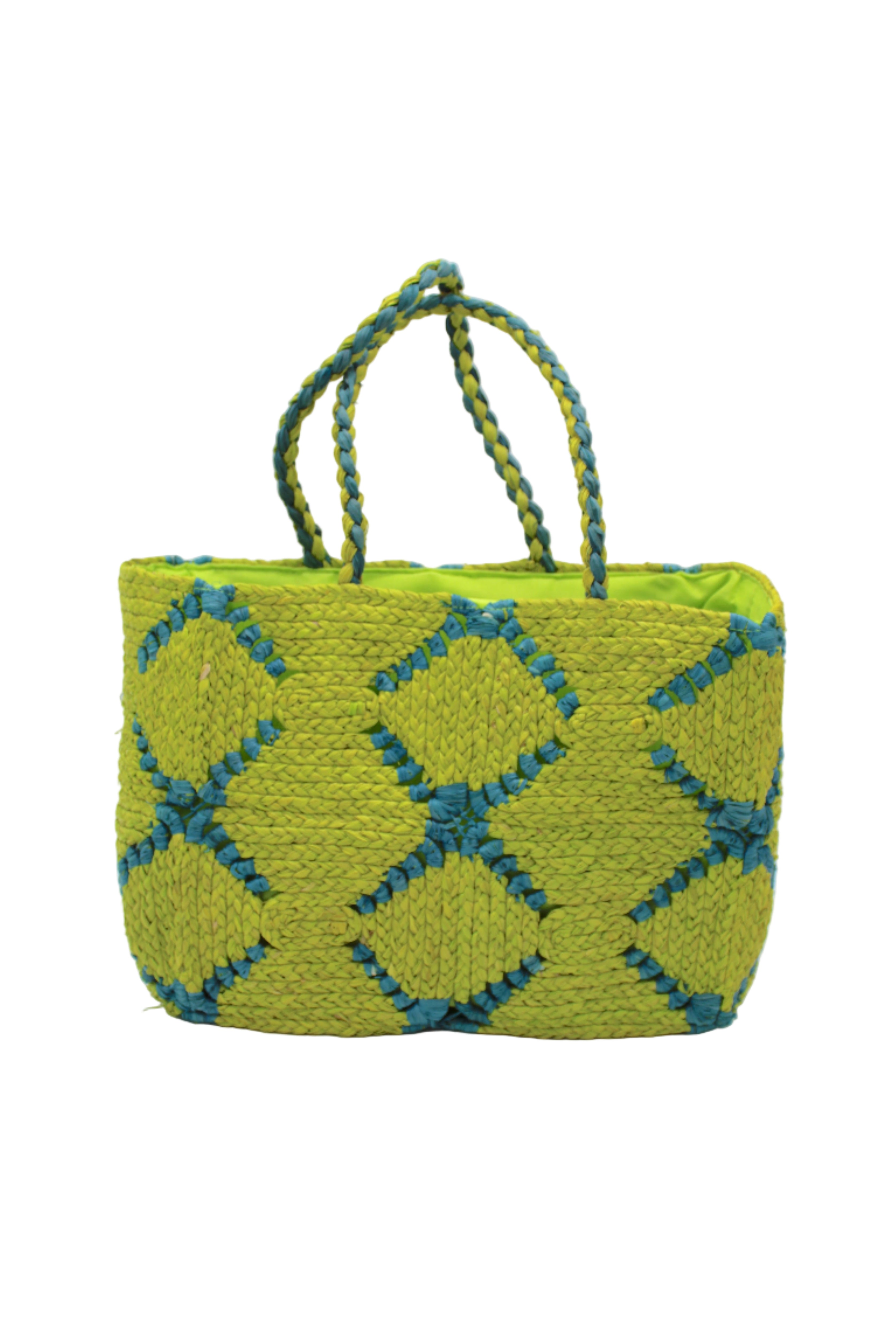Gemma Crochet Disc Rectangle Denim and Dusk Straw Basket Handbag handmade woven raffia palm fiber in a two tone multicolor pattern of Midori lime/bright/neon/green and Turquoise blue/green create a coiled braid disc pattern result in a star pattern around the bag with matching woven handles top handle bag - Shebobo