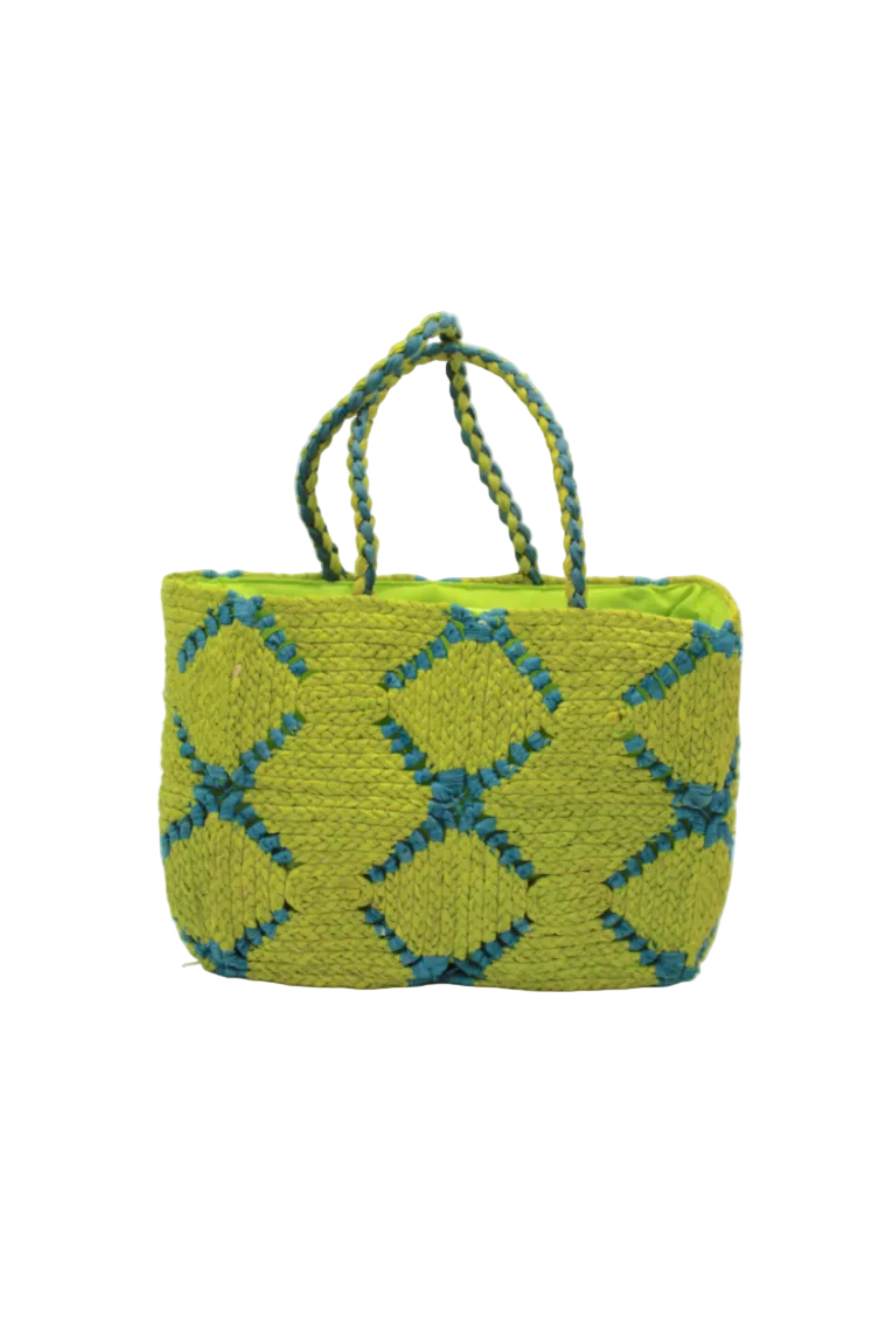 Gemma Crochet Disc Rectangle Midori and Turquoise Straw Basket Handbag handmade woven raffia palm fiber in a two tone multicolor pattern of Midori lime/bright/neon/green and Turquoise blue/green create a coiled braid disc pattern result in a star pattern around the bag with matching woven handles top handle bag - Shebobo