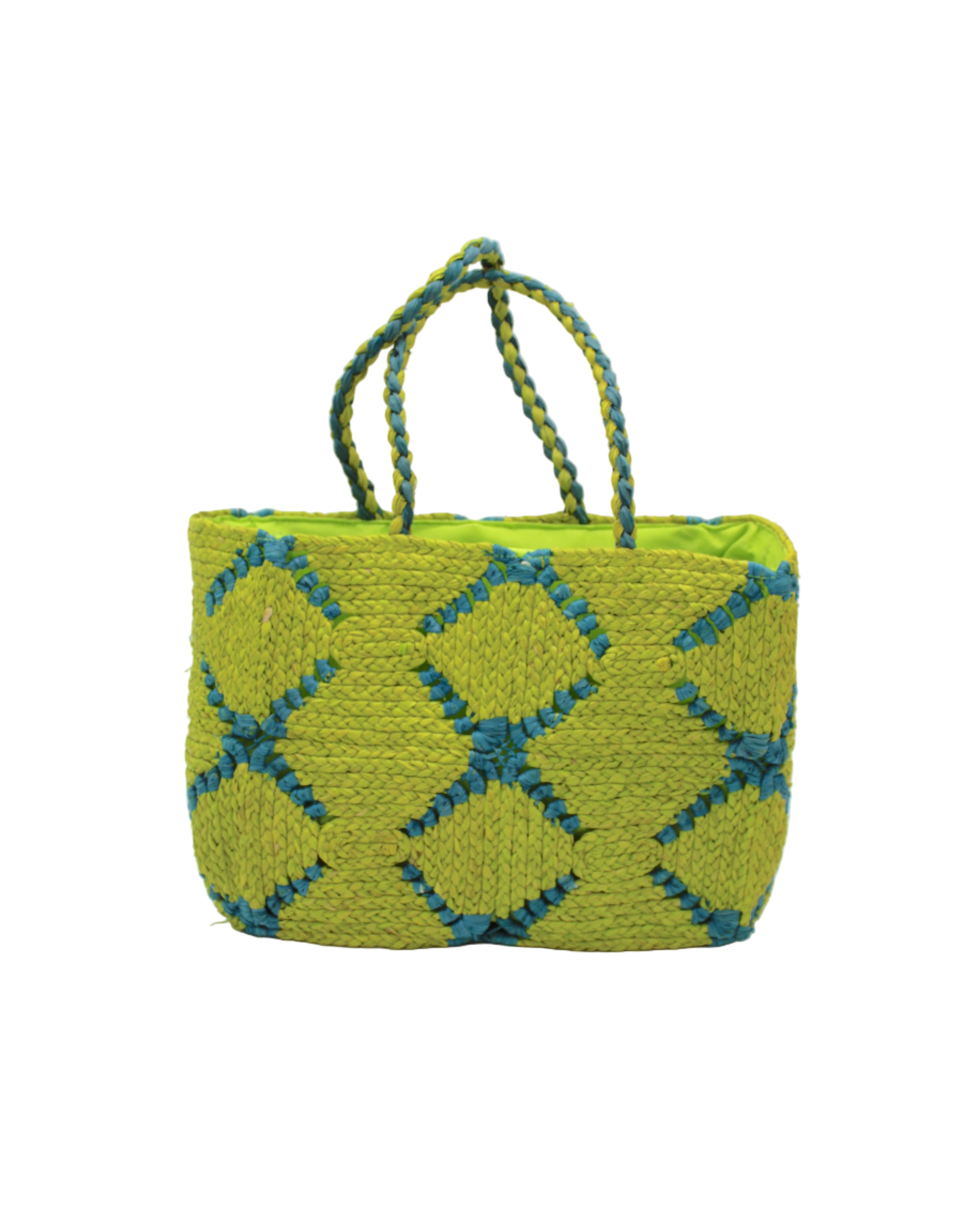 Gemma Crochet Disc Rectangle Denim and Dusk Straw Basket Handbag handmade woven raffia palm fiber in a two tone multicolor pattern of Midori lime/bright/neon/green and Turquoise blue/green create a coiled braid disc pattern result in a star pattern around the bag with matching woven handles top handle bag - Shebobo