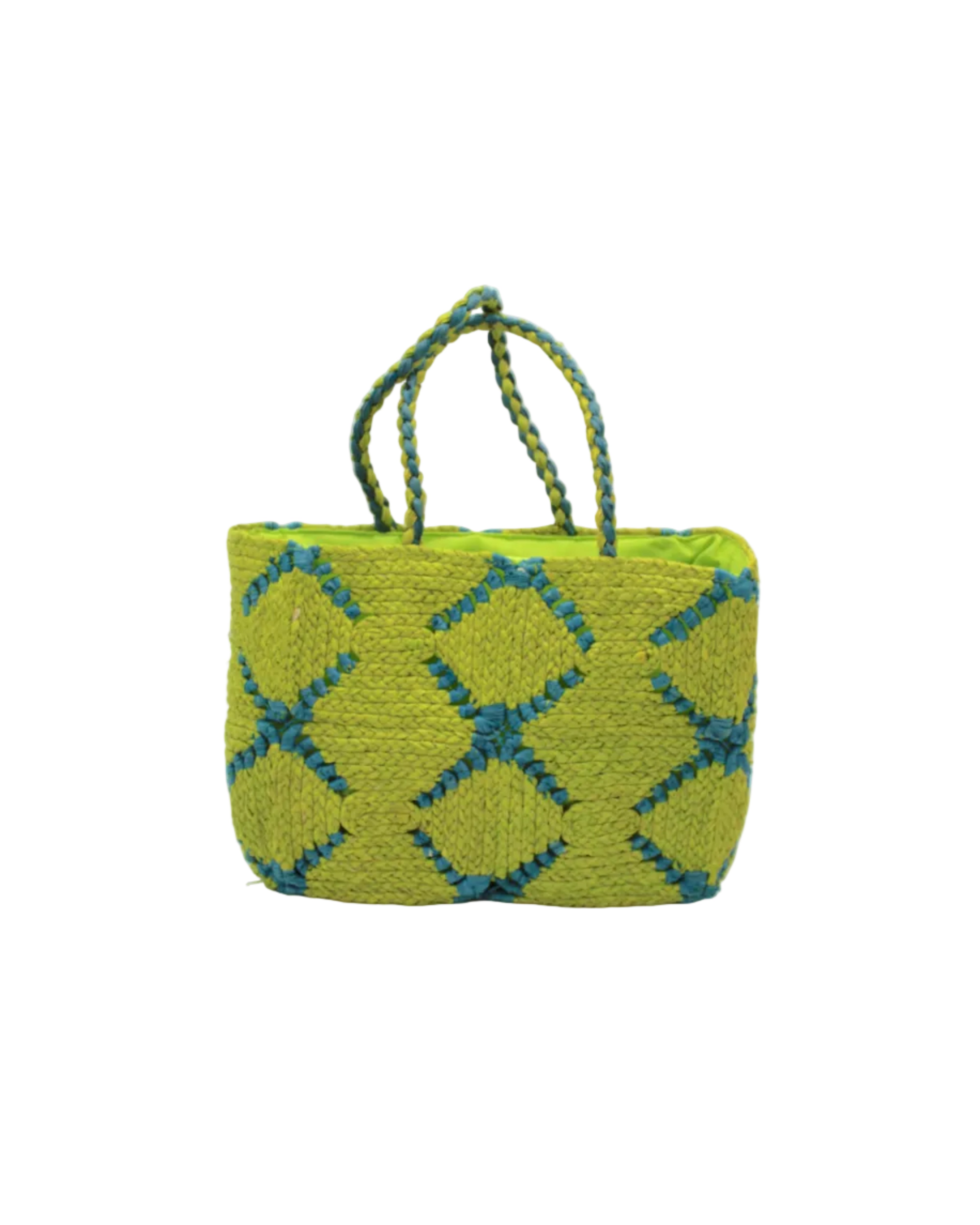 Gemma Crochet Disc Rectangle Midori and Turquoise Straw Basket Handbag handmade woven raffia palm fiber in a two tone multicolor pattern of Midori lime/bright/neon/green and Turquoise blue/green create a coiled braid disc pattern result in a star pattern around the bag with matching woven handles top handle bag - Shebobo