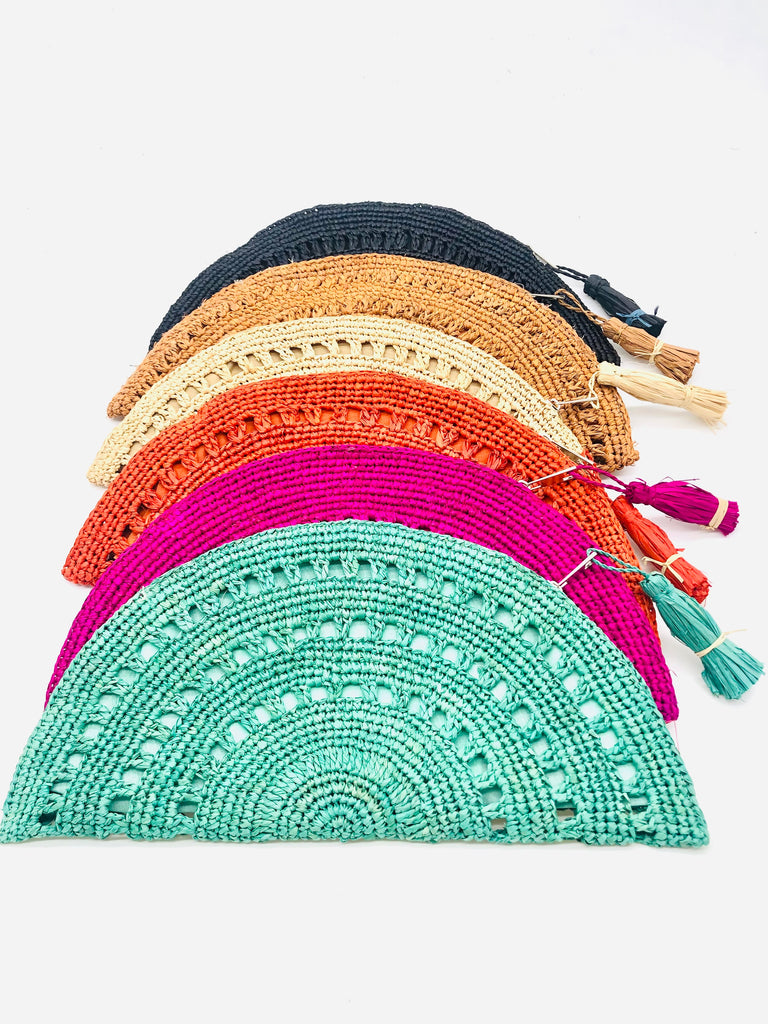 Half Moon XL Multiple Color Options Crochet Straw Clutch with Tassel Zipper Pull - Shebobo