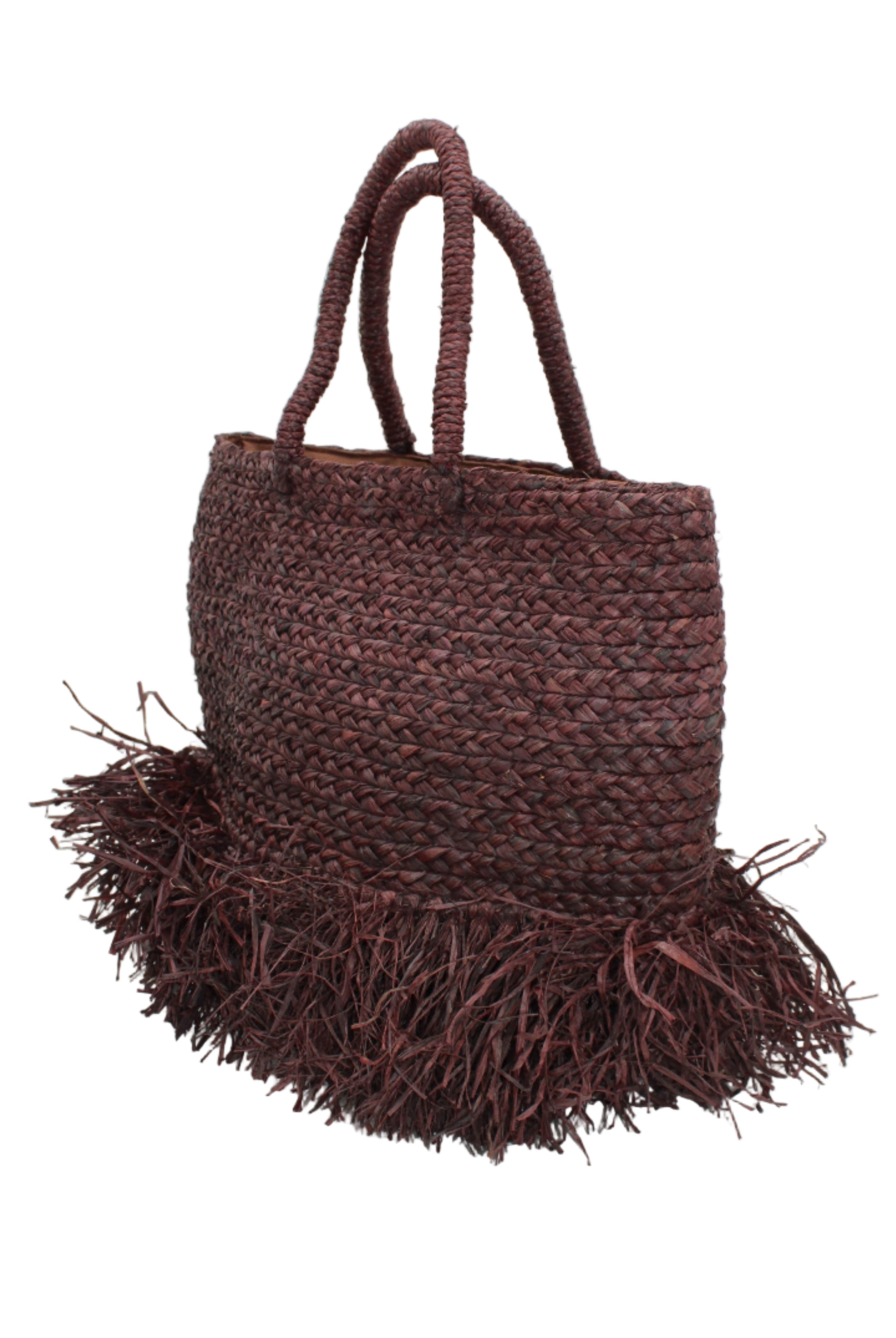 Side view Hanalei Braided Straw Basket Shoulder Bag with Fringe handmade braided natural raffia palm fiber in a solid hue of Espresso chocolate/dark/brown with horizontal bands of braids making a subtle texture and knotted long brushed fringe band around the botom third of the bag and matching looped handles beach bag purse - Shebobo