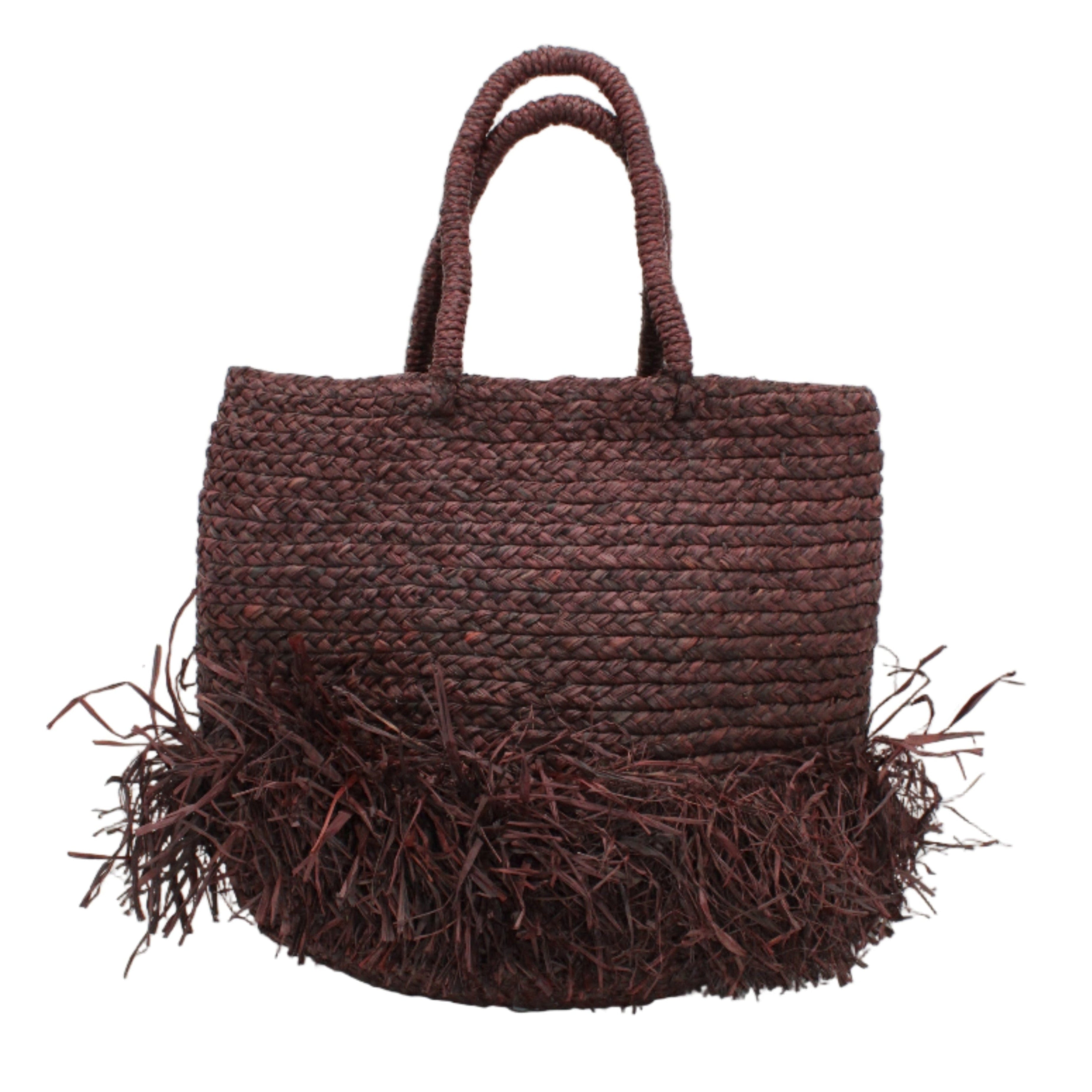 Hanalei Braided Straw Basket Shoulder Bag with Fringe handmade braided natural raffia palm fiber in a solid hue of Espresso chocolate/dark/brown with horizontal bands of braids making a subtle texture and knotted long brushed fringe band around the bottom third of the bag and matching looped handles beach bag purse - Shebobo