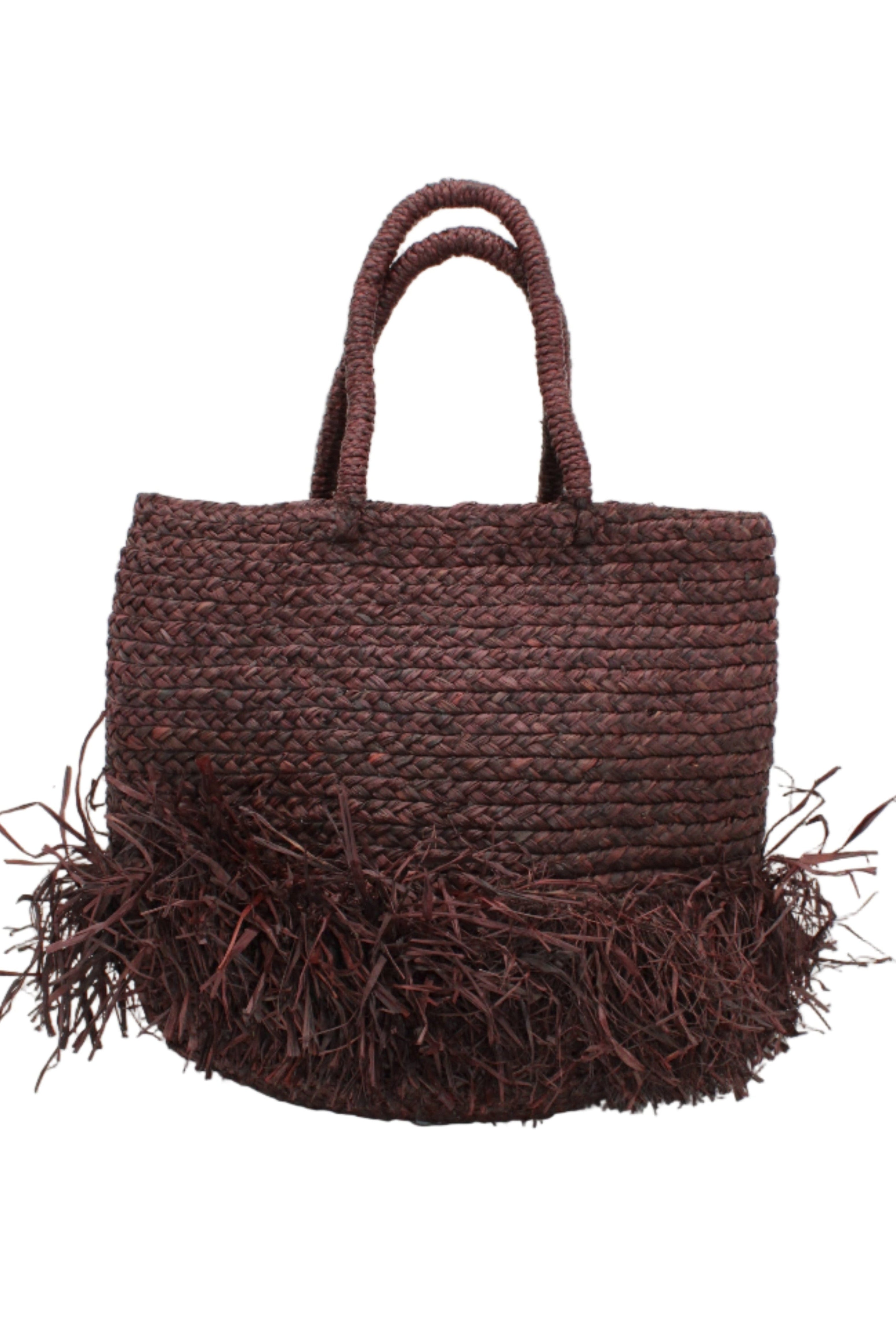Hanalei Braided Straw Basket Shoulder Bag with Fringe handmade braided natural raffia palm fiber in a solid hue of Espresso chocolate/dark/brown with horizontal bands of braids making a subtle texture and knotted long brushed fringe band around the bottom third of the bag and matching looped handles beach bag purse - Shebobo