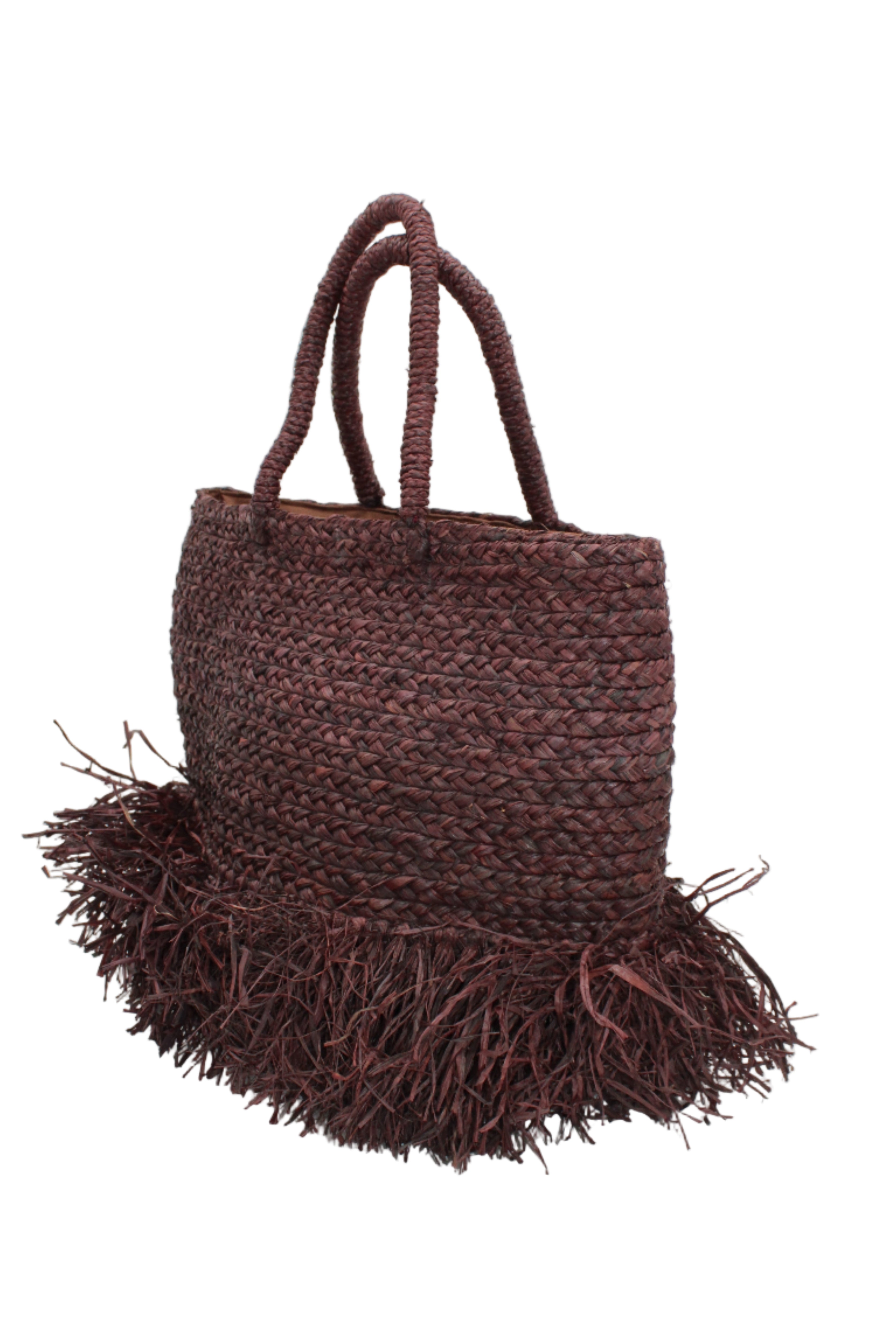 Side view Hanalei Braided Straw Basket Shoulder Bag with Fringe handmade braided natural raffia palm fiber in a solid hue of Mocha chocolate/dark/brown with horizontal bands of braids making a subtle texture and knotted long brushed fringe band around the botom third of the bag and matching looped handles beach bag purse - Shebobo