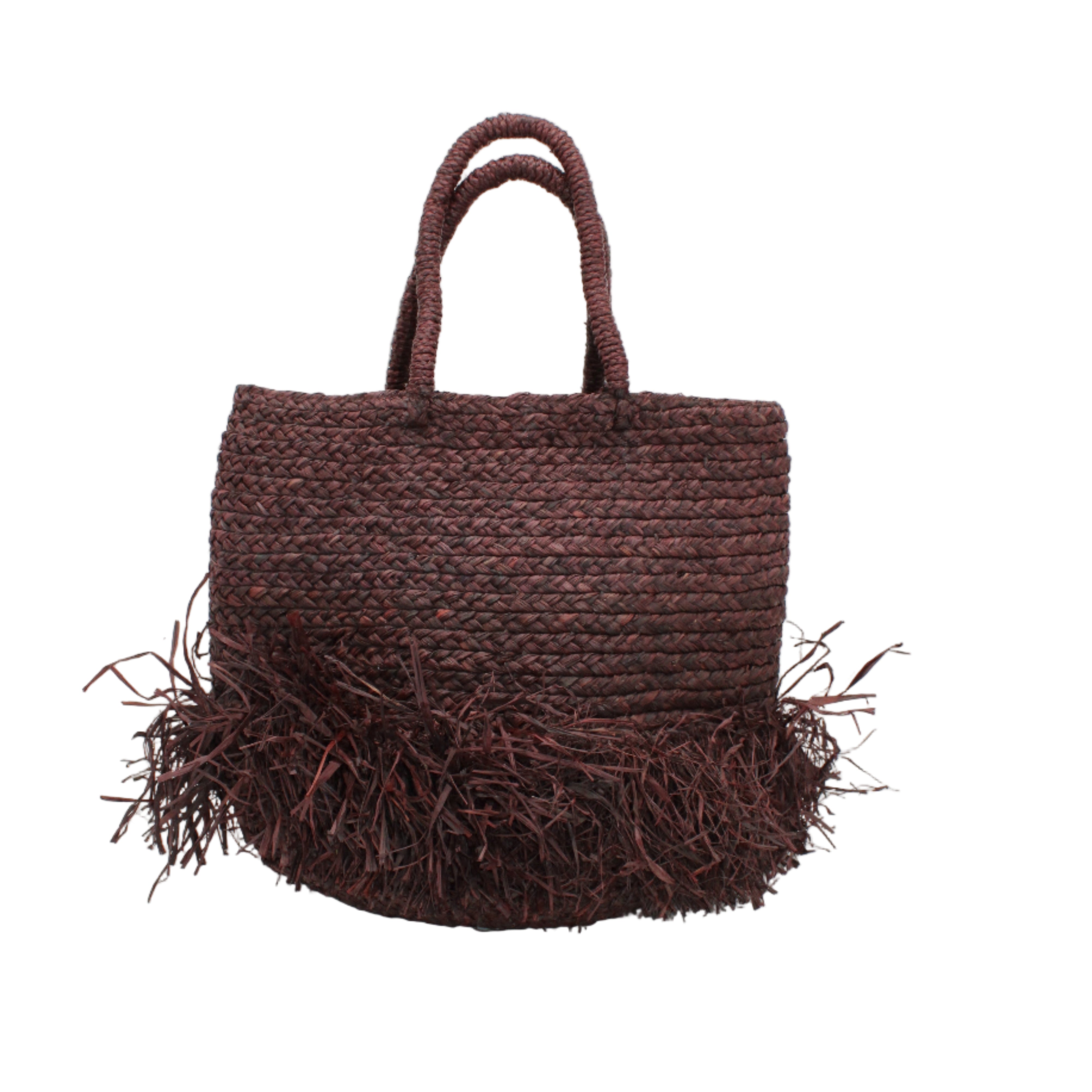 Hanalei Braided Straw Basket Shoulder Bag with Fringe handmade braided natural raffia palm fiber in a solid hue of Mocha chocolate/dark/brown with horizontal bands of braids making a subtle texture and knotted long brushed fringe band around the botom third of the bag and matching looped handles beach bag purse - Shebobo