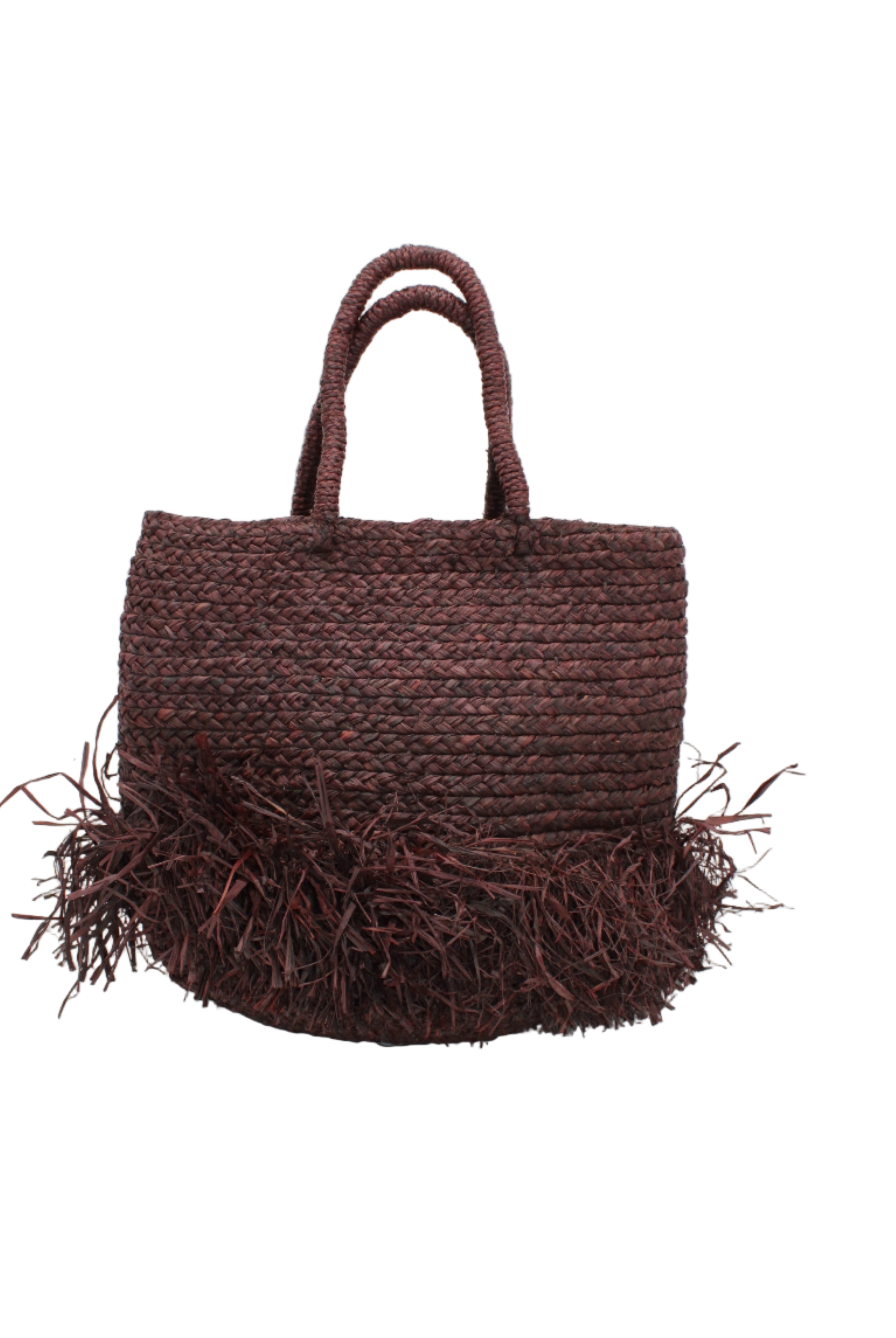 Hanalei Braided Straw Basket Shoulder Bag with Fringe handmade braided natural raffia palm fiber in a solid hue of Mocha chocolate/dark/brown with horizontal bands of braids making a subtle texture and knotted long brushed fringe band around the botom third of the bag and matching looped handles beach bag purse - Shebobo