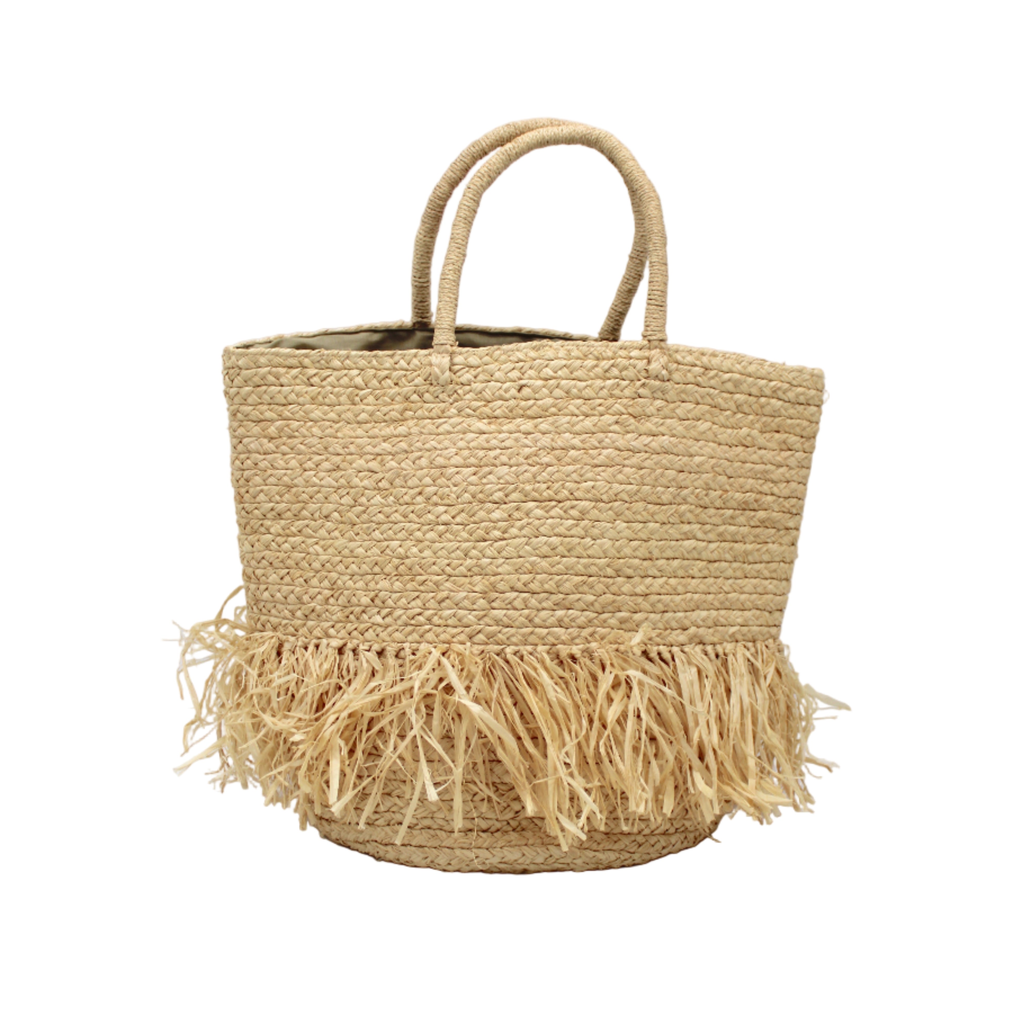 Hanalei Braided Straw Basket Shoulder Bag with Fringe handmade braided natural raffia palm fiber in a solid hue of Natural straw color with horizontal bands of braids making a subtle texture and knotted long brushed fringe band around the botom third of the bag and matching looped handles beach bag purse - Shebobo