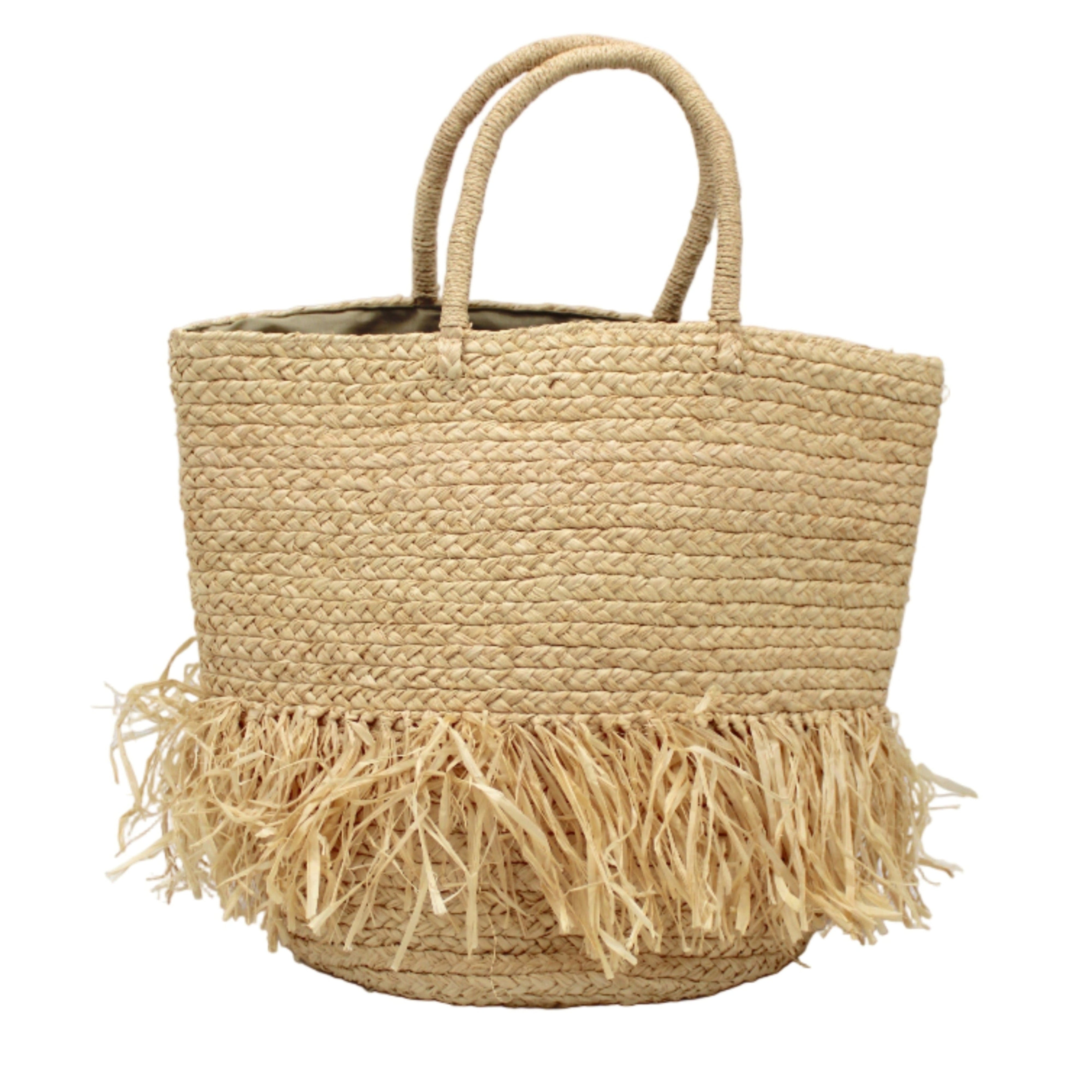 Hanalei Braided Straw Basket Shoulder Bag with Fringe handmade braided natural raffia palm fiber in a solid hue of Natural straw color with horizontal bands of braids making a subtle texture and knotted long brushed fringe band around the botom third of the bag and matching looped handles beach bag purse - Shebobo