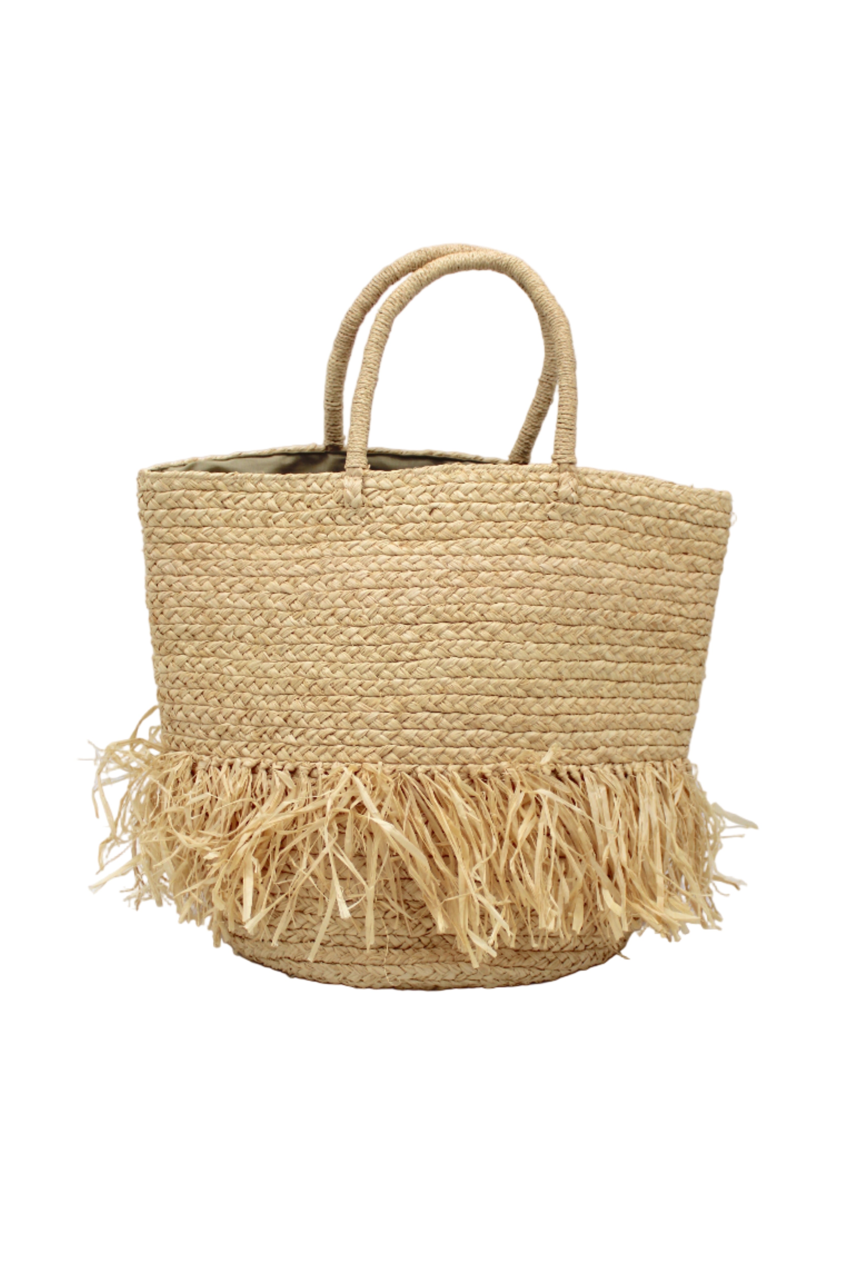 Hanalei Braided Straw Basket Shoulder Bag with Fringe handmade braided natural raffia palm fiber in a solid hue of Natural straw color with horizontal bands of braids making a subtle texture and knotted long brushed fringe band around the botom third of the bag and matching looped handles beach bag purse - Shebobo