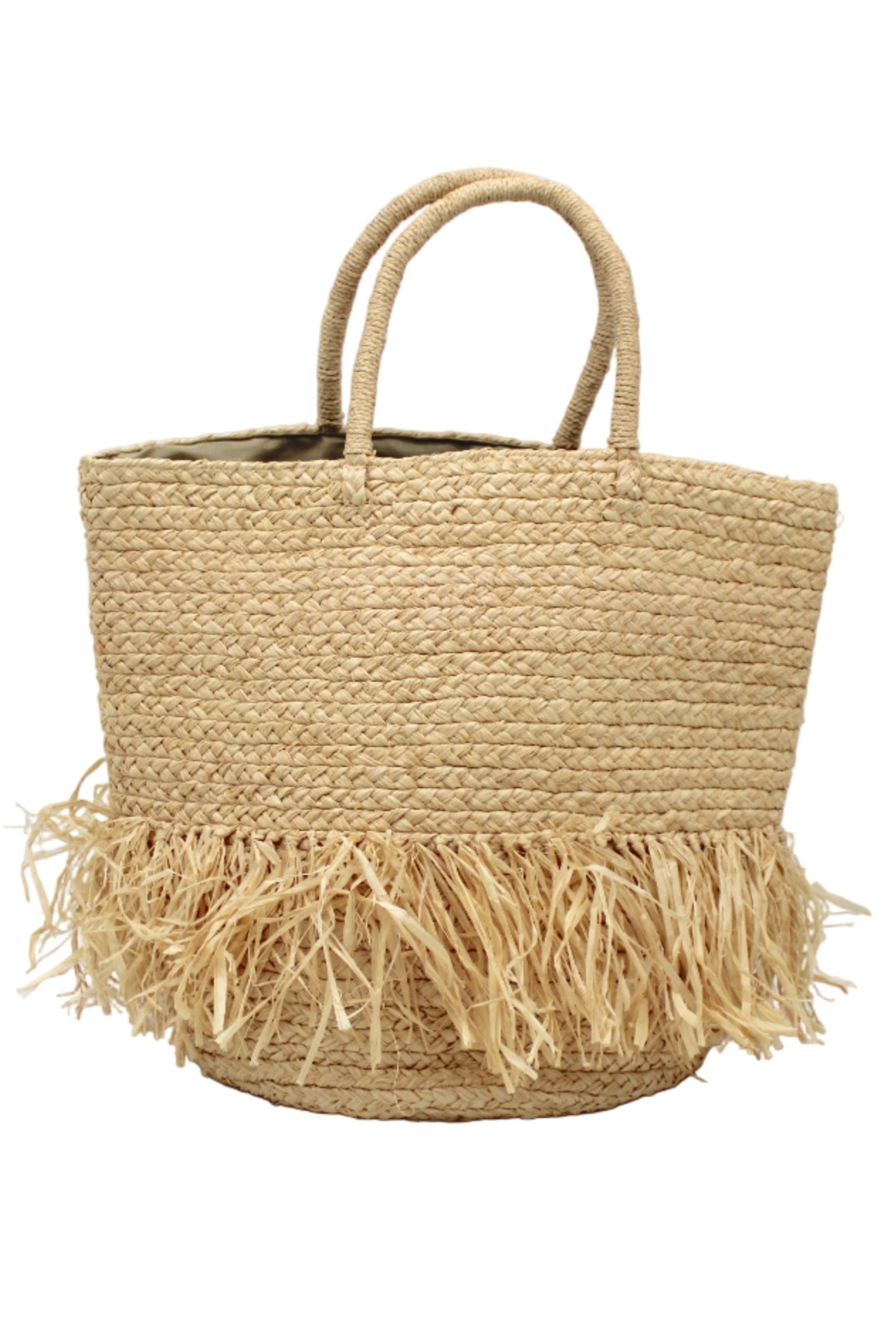 Hanalei Braided Straw Basket Shoulder Bag with Fringe handmade braided natural raffia palm fiber in a solid hue of Natural straw color with horizontal bands of braids making a subtle texture and knotted long brushed fringe band around the botom third of the bag and matching looped handles beach bag purse - Shebobo
