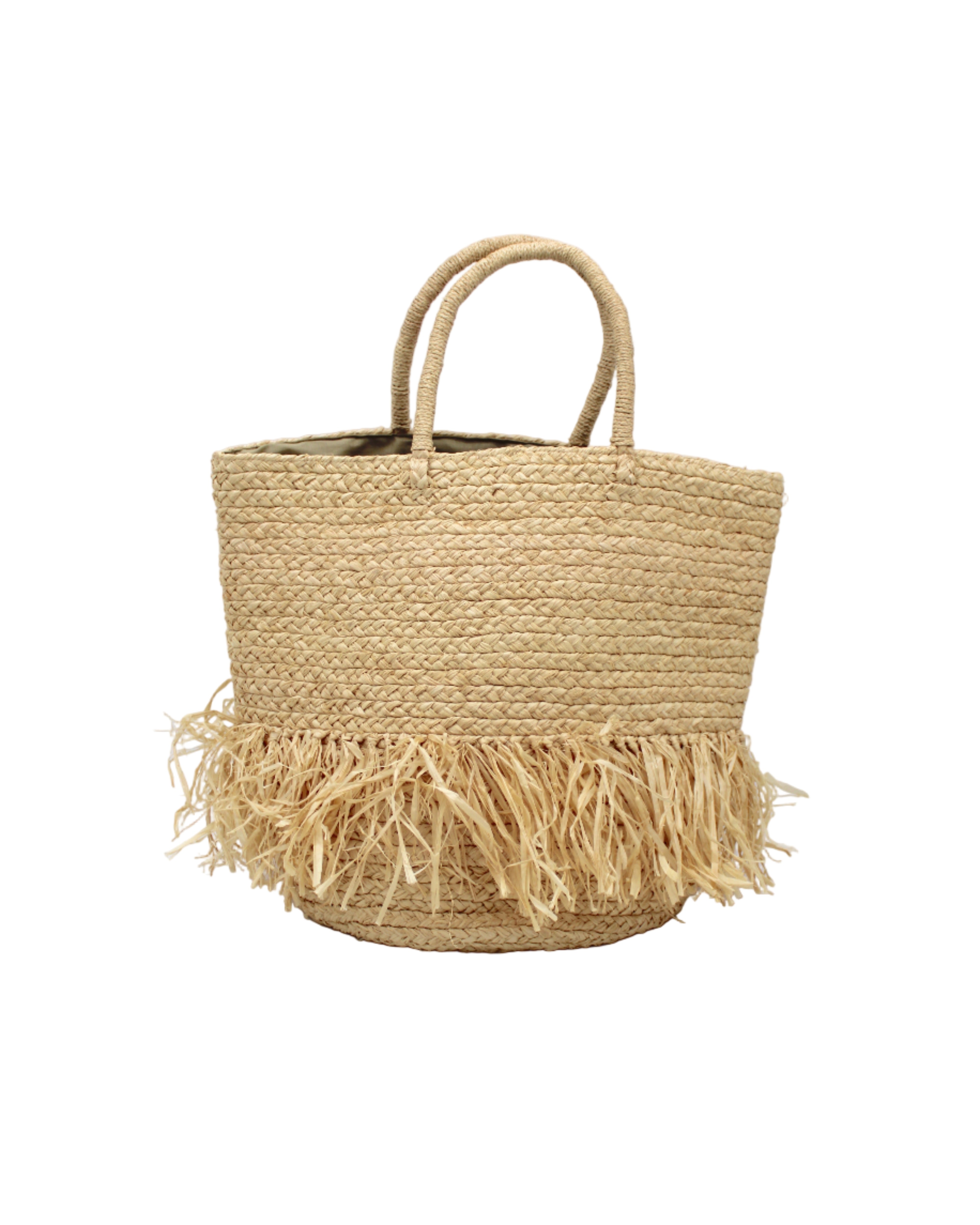 Hanalei Braided Straw Basket Shoulder Bag with Fringe handmade braided natural raffia palm fiber in a solid hue of Natural straw color with horizontal bands of braids making a subtle texture and knotted long brushed fringe band around the botom third of the bag and matching looped handles beach bag purse - Shebobo