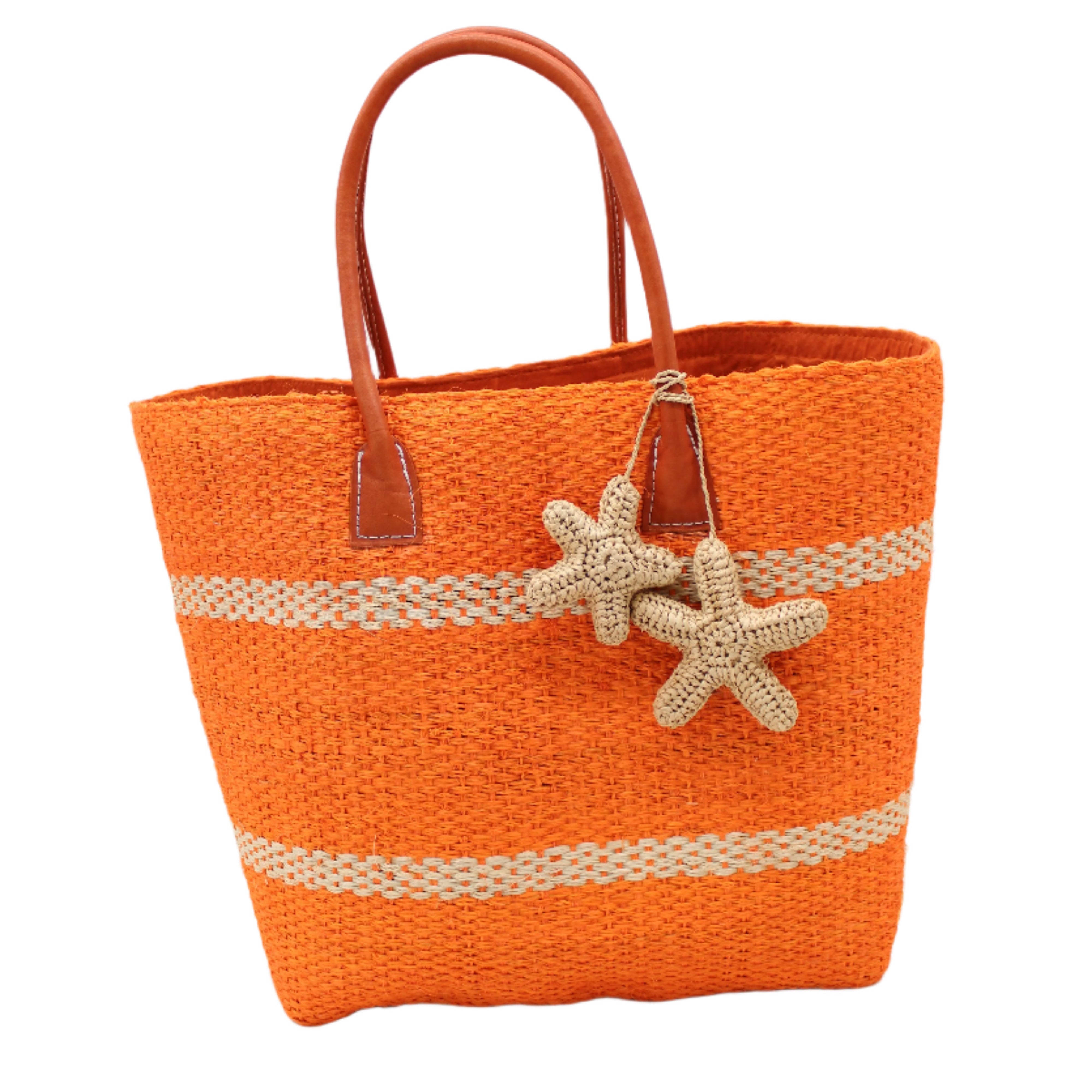 Havana Sisal Basket Bag with Tassel Charm Embellishment handmade sisal fiber woven into horizontal wide bands of coral orange with two evenly spaced narrow bands of natural straw color create a stripe pattern with natural crochet starfish charm embellishment and leather handles handbag shoulder bag - Shebobo