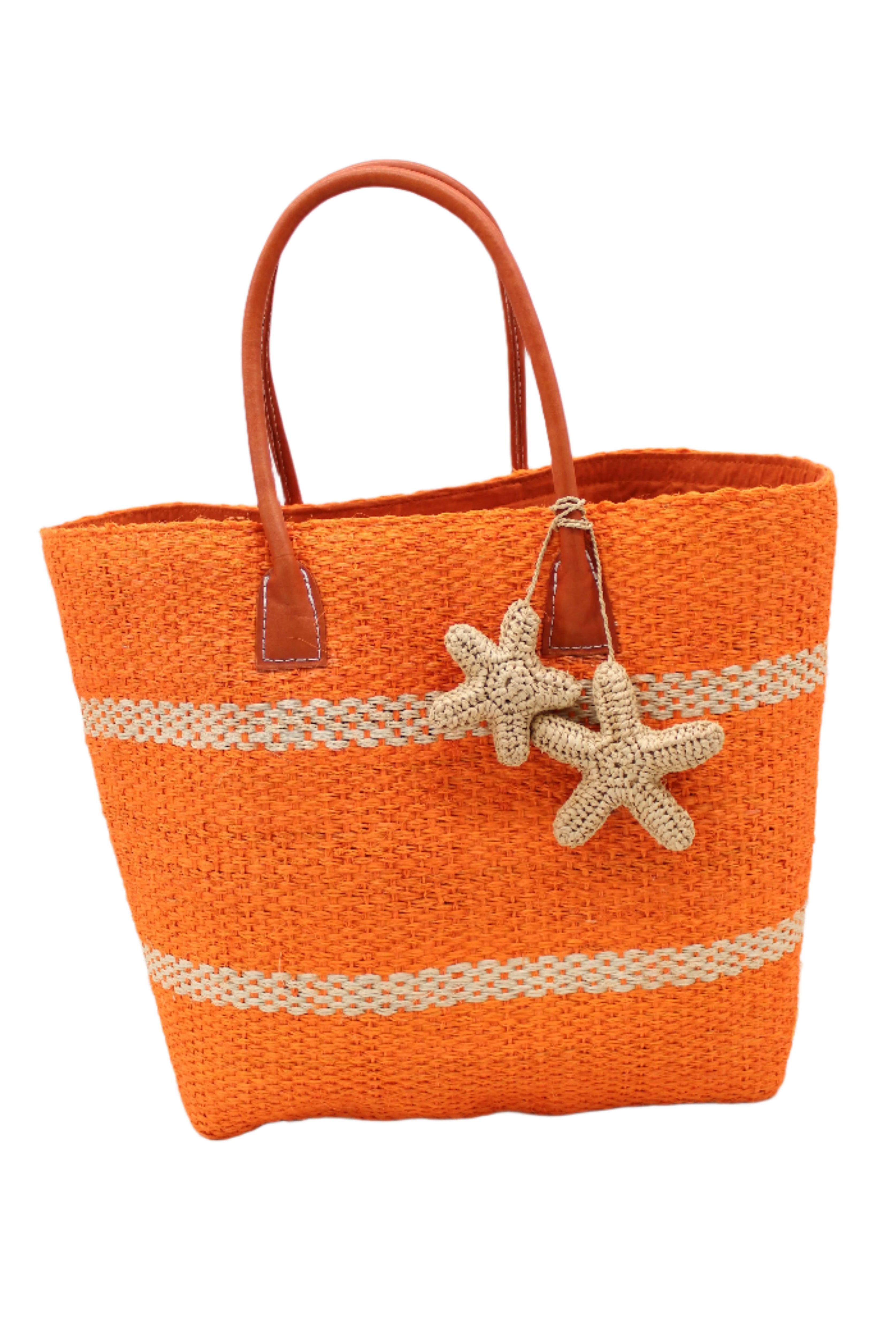 Havana Sisal Basket Bag with Tassel Charm Embellishment handmade sisal fiber woven into horizontal wide bands of coral orange with two evenly spaced narrow bands of natural straw color create a stripe pattern with natural crochet starfish charm embellishment and leather handles handbag shoulder bag - Shebobo