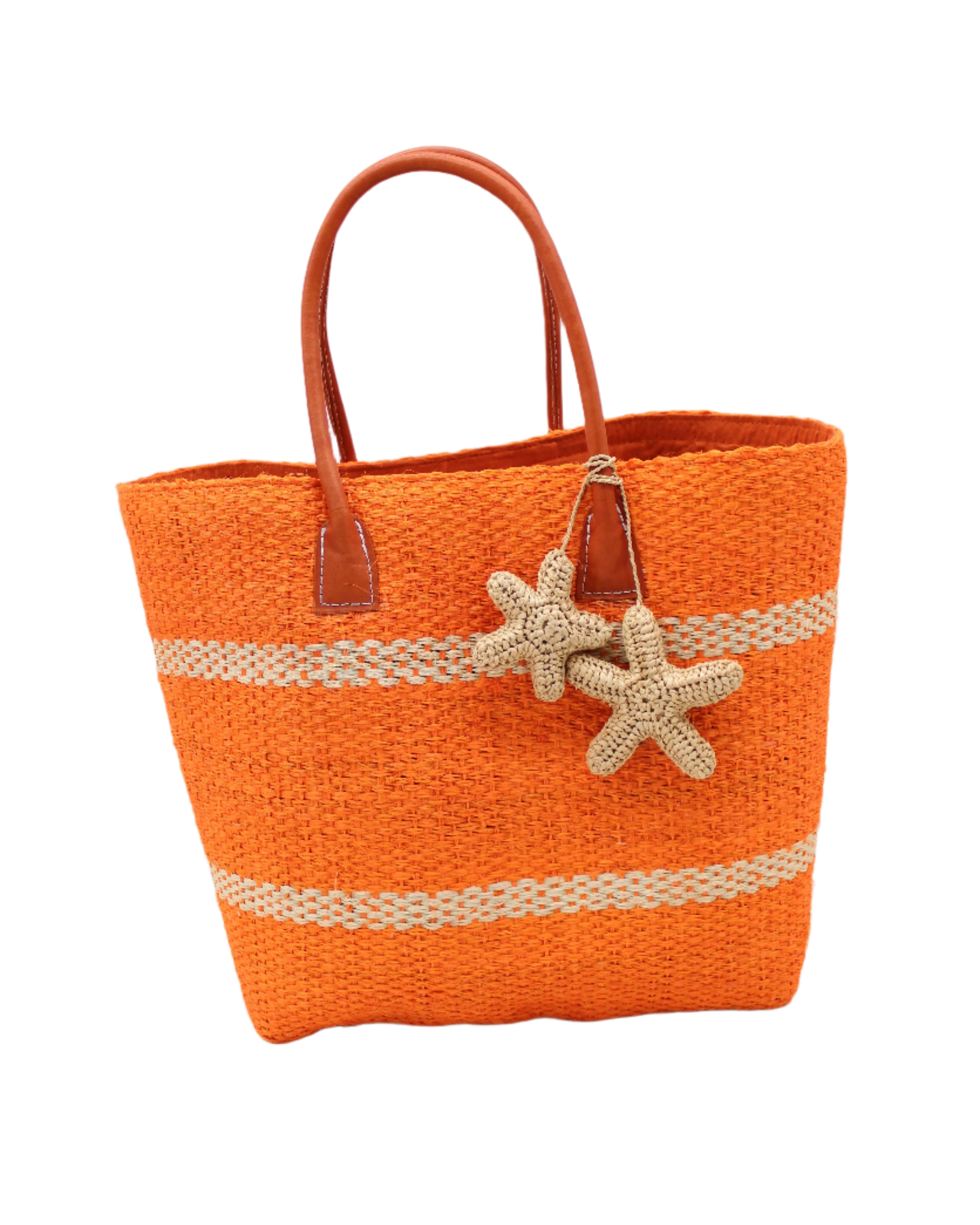 Havana Sisal Basket Bag with Tassel Charm Embellishment handmade sisal fiber woven into horizontal wide bands of coral orange with two evenly spaced narrow bands of natural straw color create a stripe pattern with natural crochet starfish charm embellishment and leather handles handbag shoulder bag - Shebobo