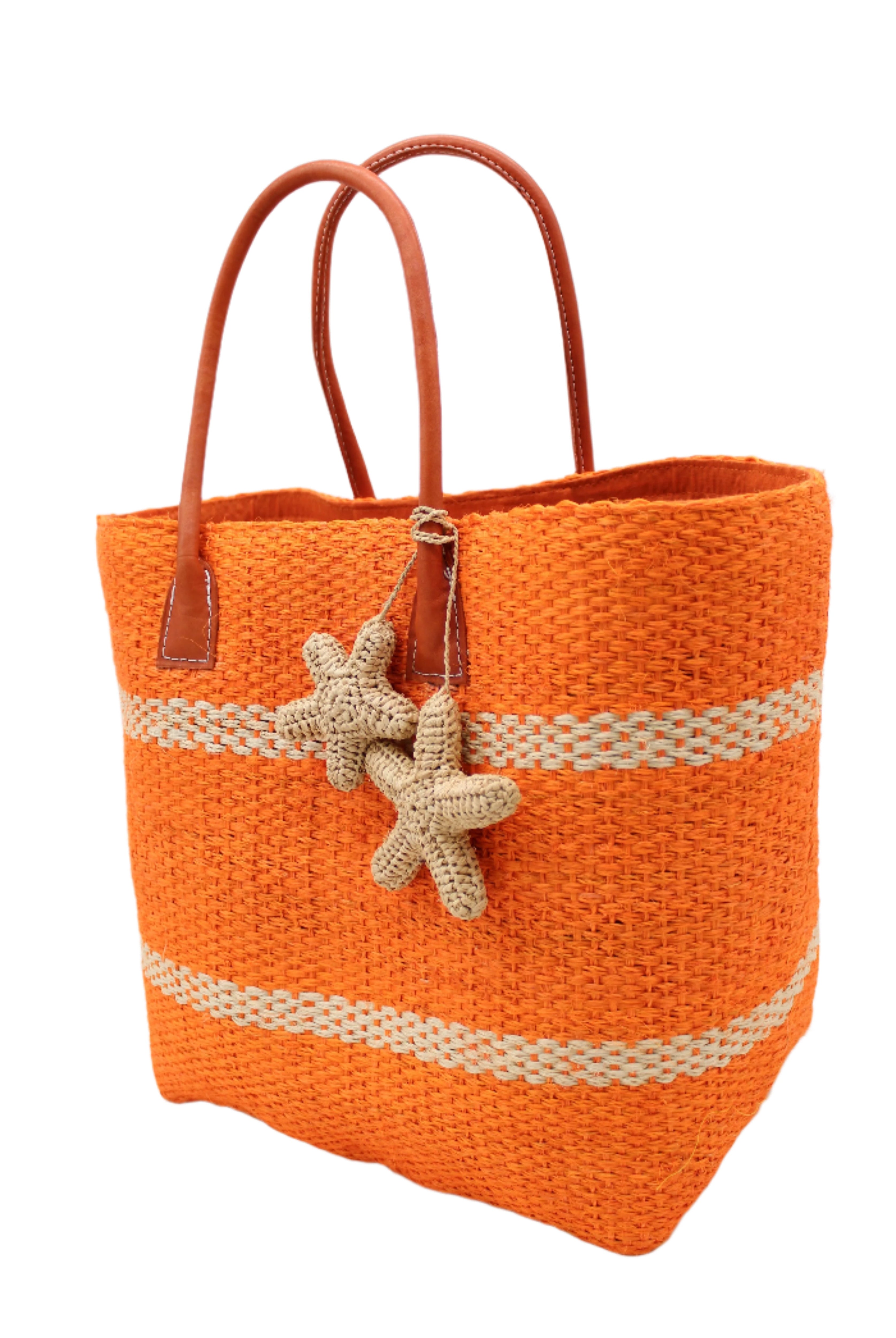 Side view Havana Sisal Basket Bag with Tassel Charm Embellishment handmade sisal fiber woven into horizontal wide bands of coral orange with two evenly spaced narrow bands of natural straw color create a stripe pattern with natural crochet starfish charm embellishment and leather handles handbag shoulder bag - Shebobo