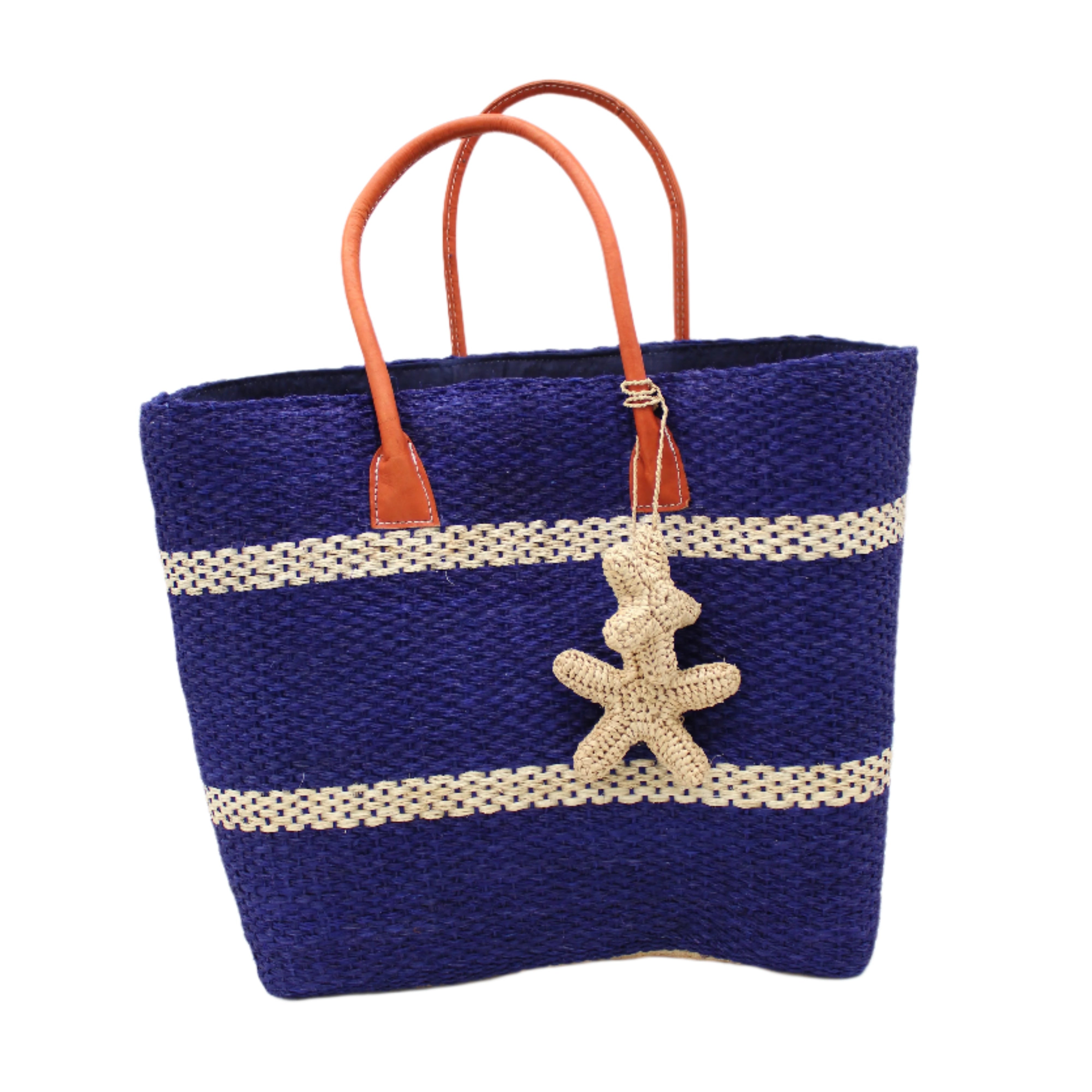 Havana Sisal Basket Bag with Tassel Charm Embellishment handmade sisal fiber woven into horizontal wide bands of dusk dark blue with two evenly spaced narrow bands of natural straw color create a stripe pattern with natural crochet starfish charm embellishment and leather handles handbag shoulder bag - Shebobo