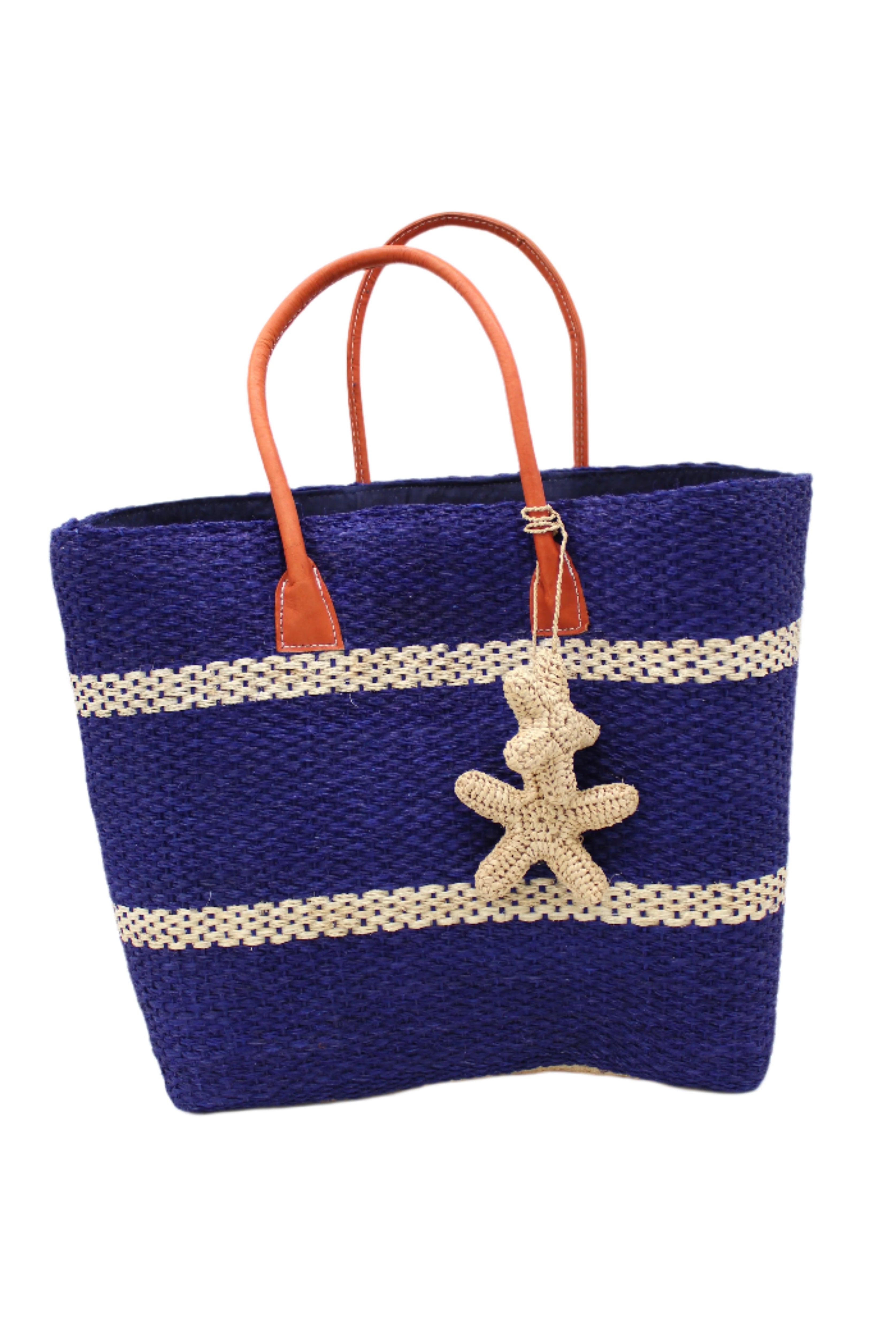 Havana Sisal Basket Bag with Tassel Charm Embellishment handmade sisal fiber woven into horizontal wide bands of dusk dark blue with two evenly spaced narrow bands of natural straw color create a stripe pattern with natural crochet starfish charm embellishment and leather handles handbag shoulder bag - Shebobo