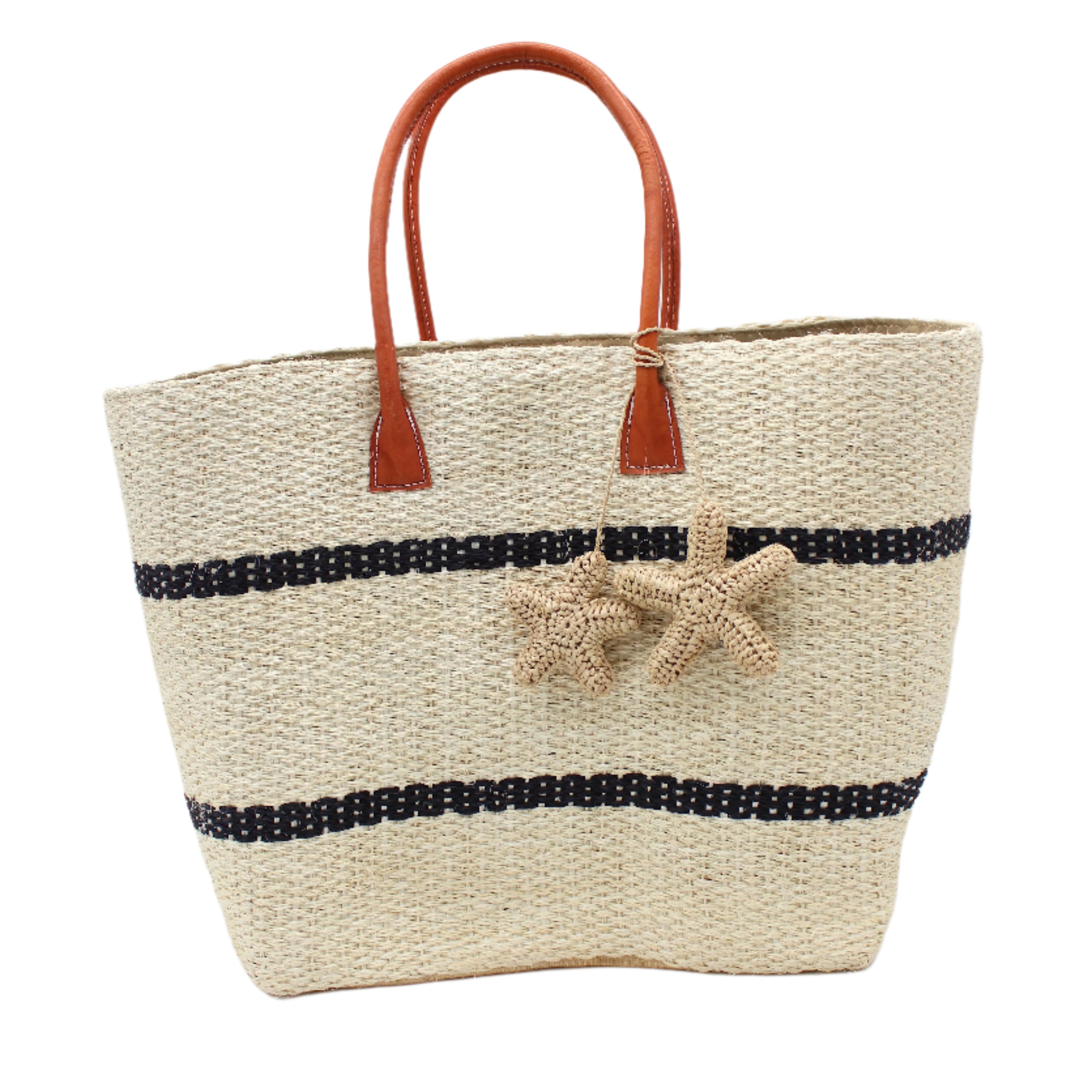 Havana Sisal Basket Bag with Tassel Charm Embellishment handmade sisal fiber woven into horizontal wide bands of natural straw color with two evenly spaced narrow bands of black create a stripe pattern with matching crochet starfish charm embellishment and leather handles handbag shoulder bag - Shebobo