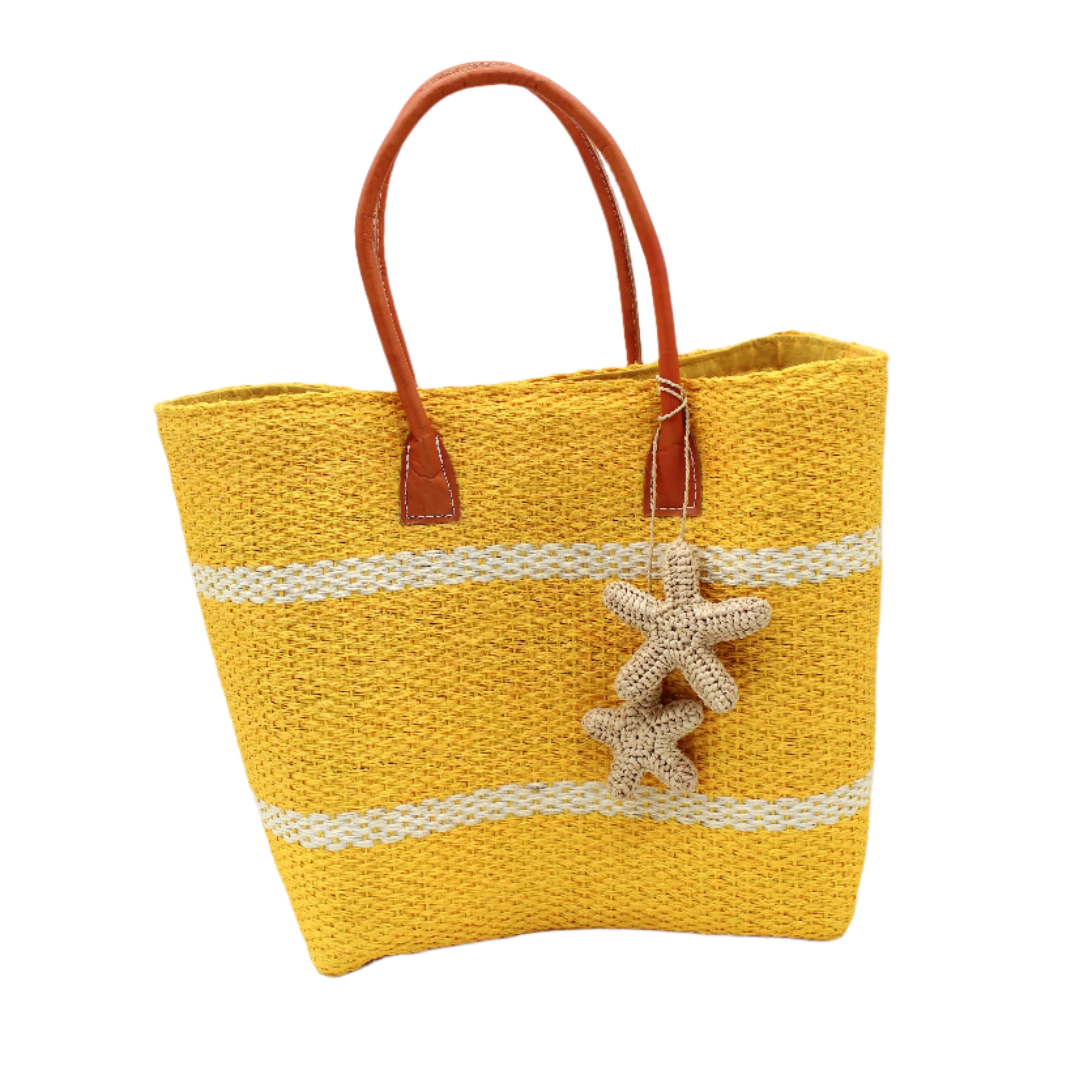 Havana Sisal Basket Bag with Tassel Charm Embellishment handmade sisal fiber woven into horizontal wide bands of saffron yellow with two evenly spaced narrow bands of natural straw color create a stripe pattern with natural crochet starfish charm embellishment and leather handles handbag shoulder bag - Shebobo