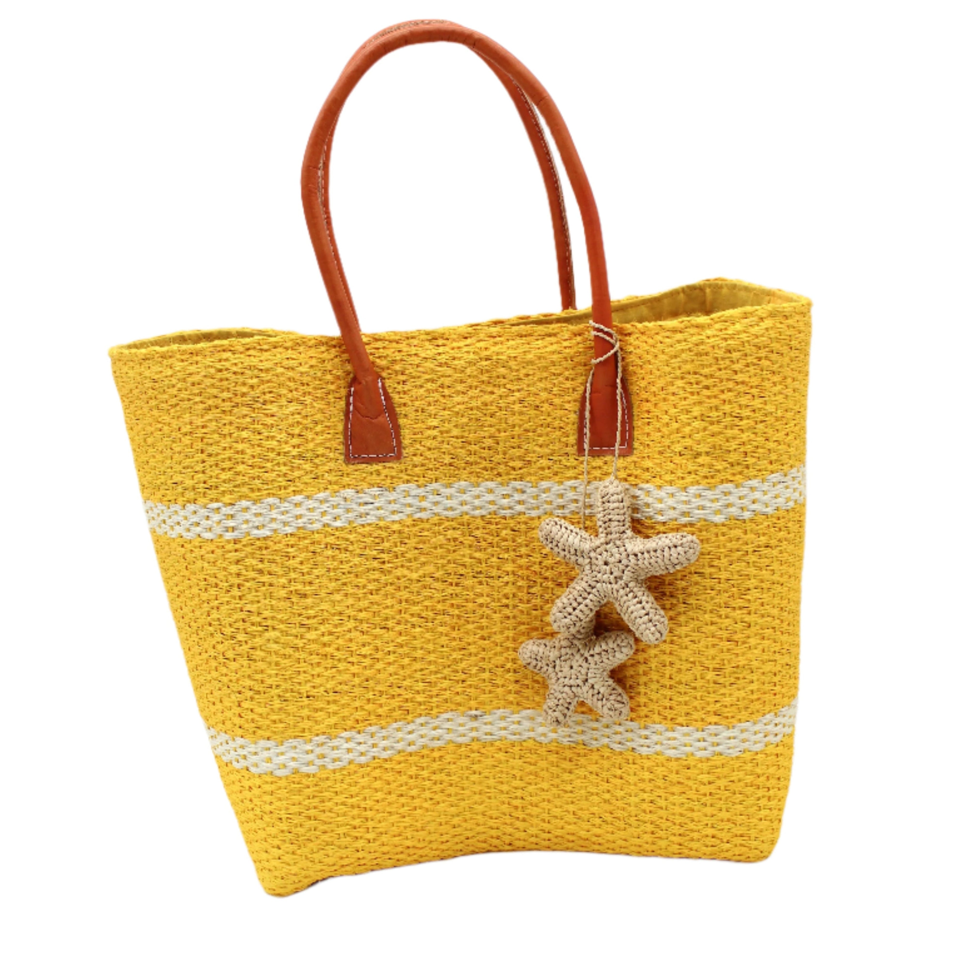 Havana Sisal Basket Bag with Tassel Charm Embellishment handmade sisal fiber woven into horizontal wide bands of saffron yellow with two evenly spaced narrow bands of natural straw color create a stripe pattern with natural crochet starfish charm embellishment and leather handles handbag shoulder bag - Shebobo