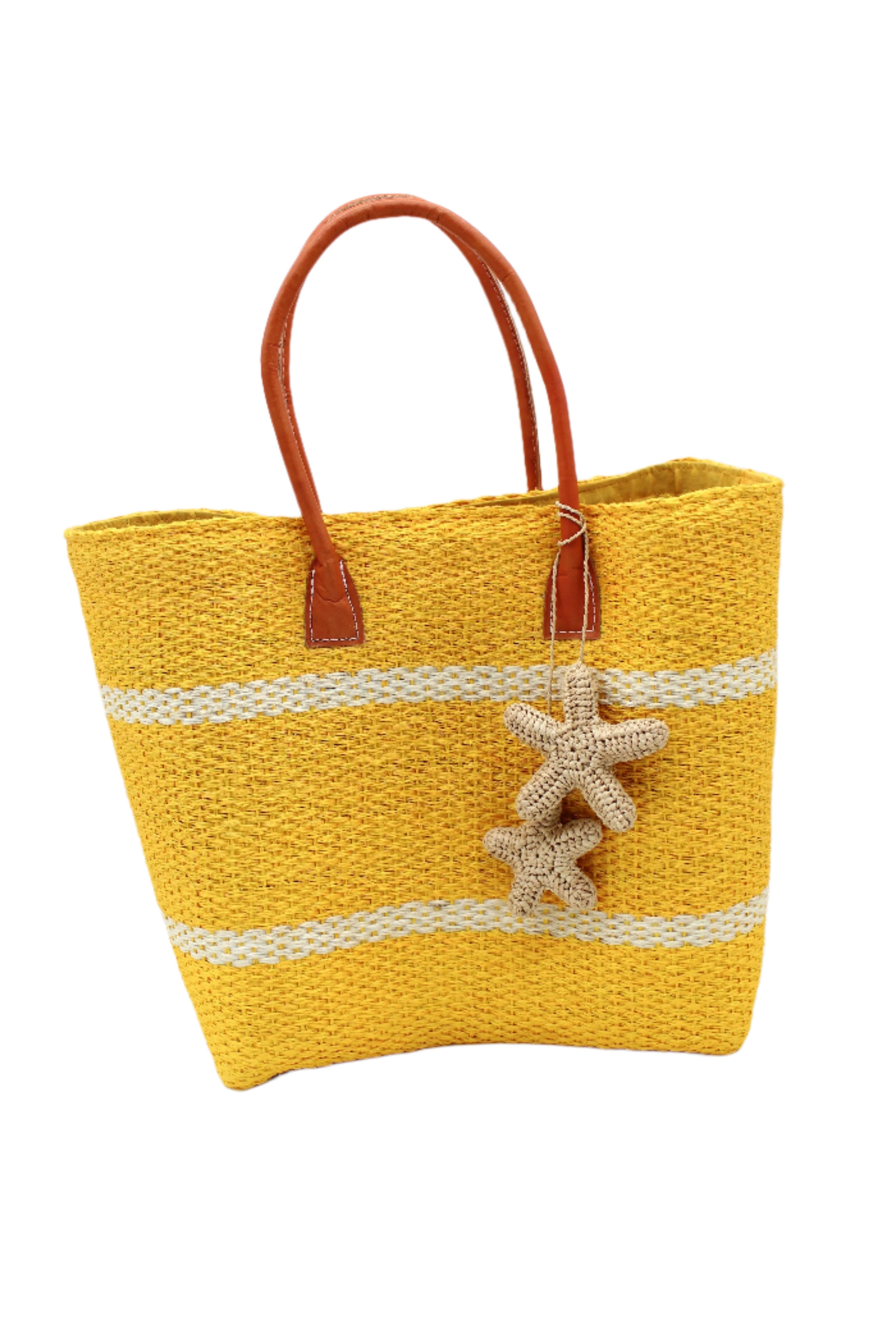 Havana Sisal Basket Bag with Tassel Charm Embellishment handmade sisal fiber woven into horizontal wide bands of saffron yellow with two evenly spaced narrow bands of natural straw color create a stripe pattern with natural crochet starfish charm embellishment and leather handles handbag shoulder bag - Shebobo