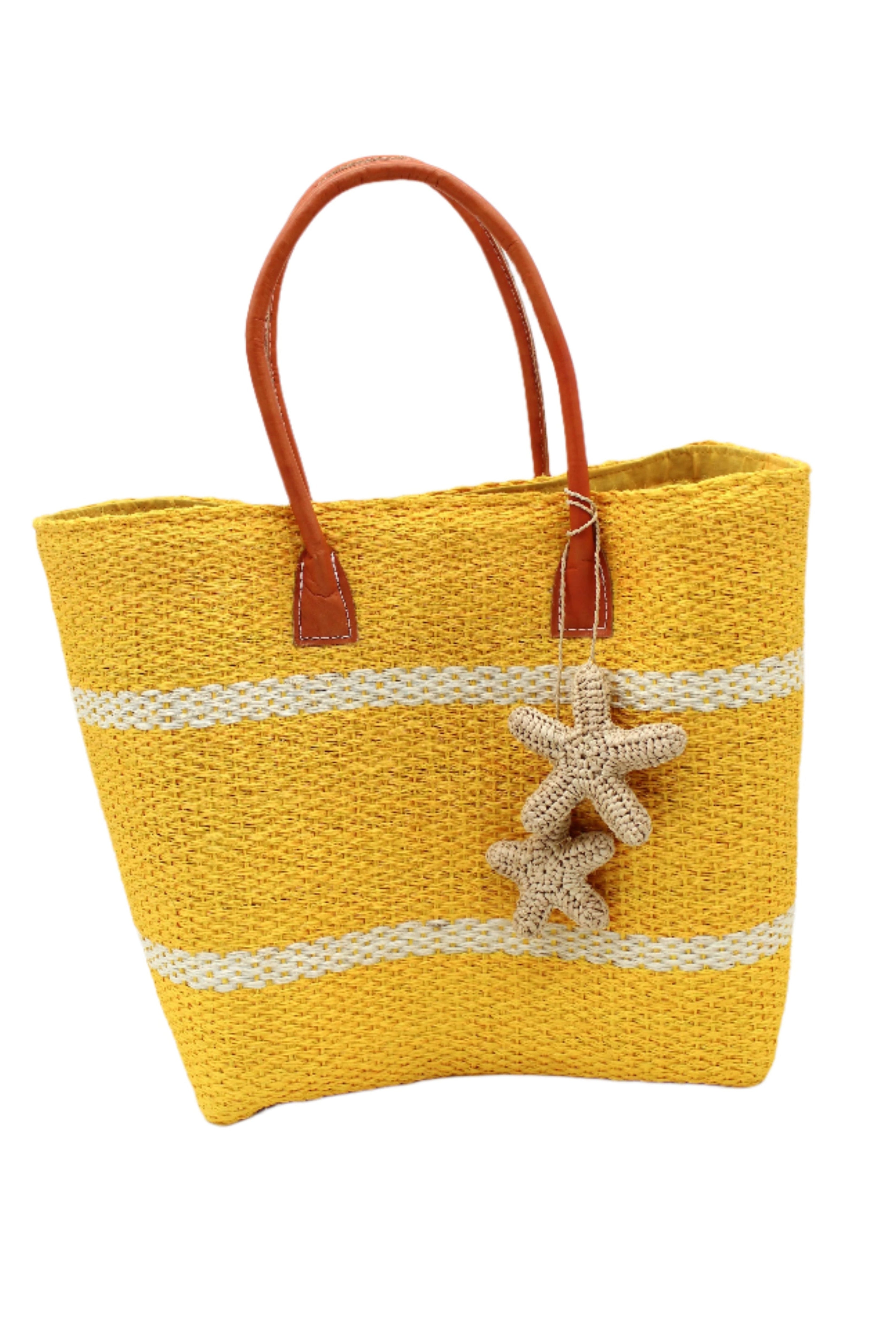 Havana Sisal Basket Bag with Tassel Charm Embellishment handmade sisal fiber woven into horizontal wide bands of saffron yellow with two evenly spaced narrow bands of natural straw color create a stripe pattern with natural crochet starfish charm embellishment and leather handles handbag shoulder bag - Shebobo