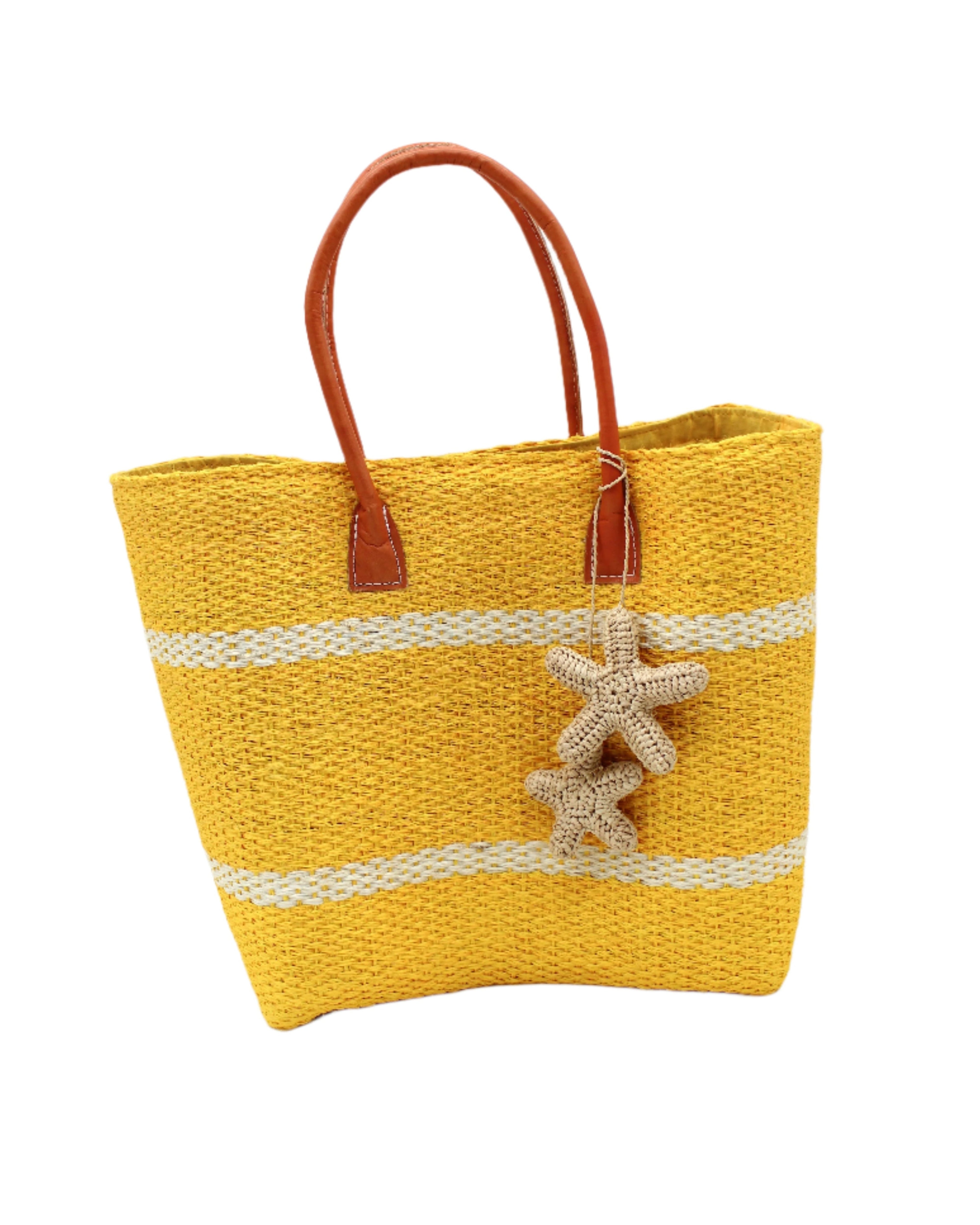 Havana Sisal Basket Bag with Tassel Charm Embellishment handmade sisal fiber woven into horizontal wide bands of saffron yellow with two evenly spaced narrow bands of natural straw color create a stripe pattern with natural crochet starfish charm embellishment and leather handles handbag shoulder bag - Shebobo