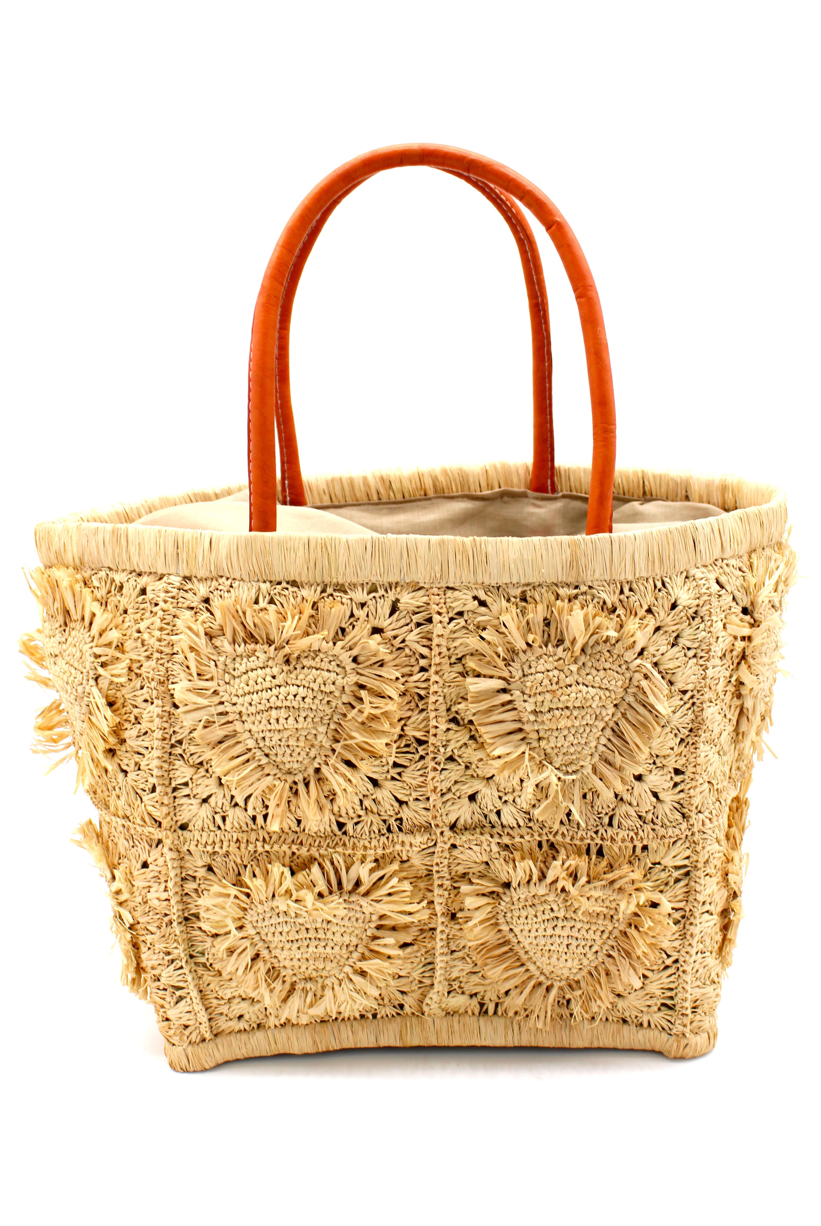 Hearts Crochet Straw Basket Bag with Fringed Heart Pattern handmade woven raffia in a solid hue of natural straw color with granny square pattern and raised/stuffed heart pattern with fringe edges on each heart, looped base and top binding, as well as leather handles purse beach bag shoulder bag - Shebobo