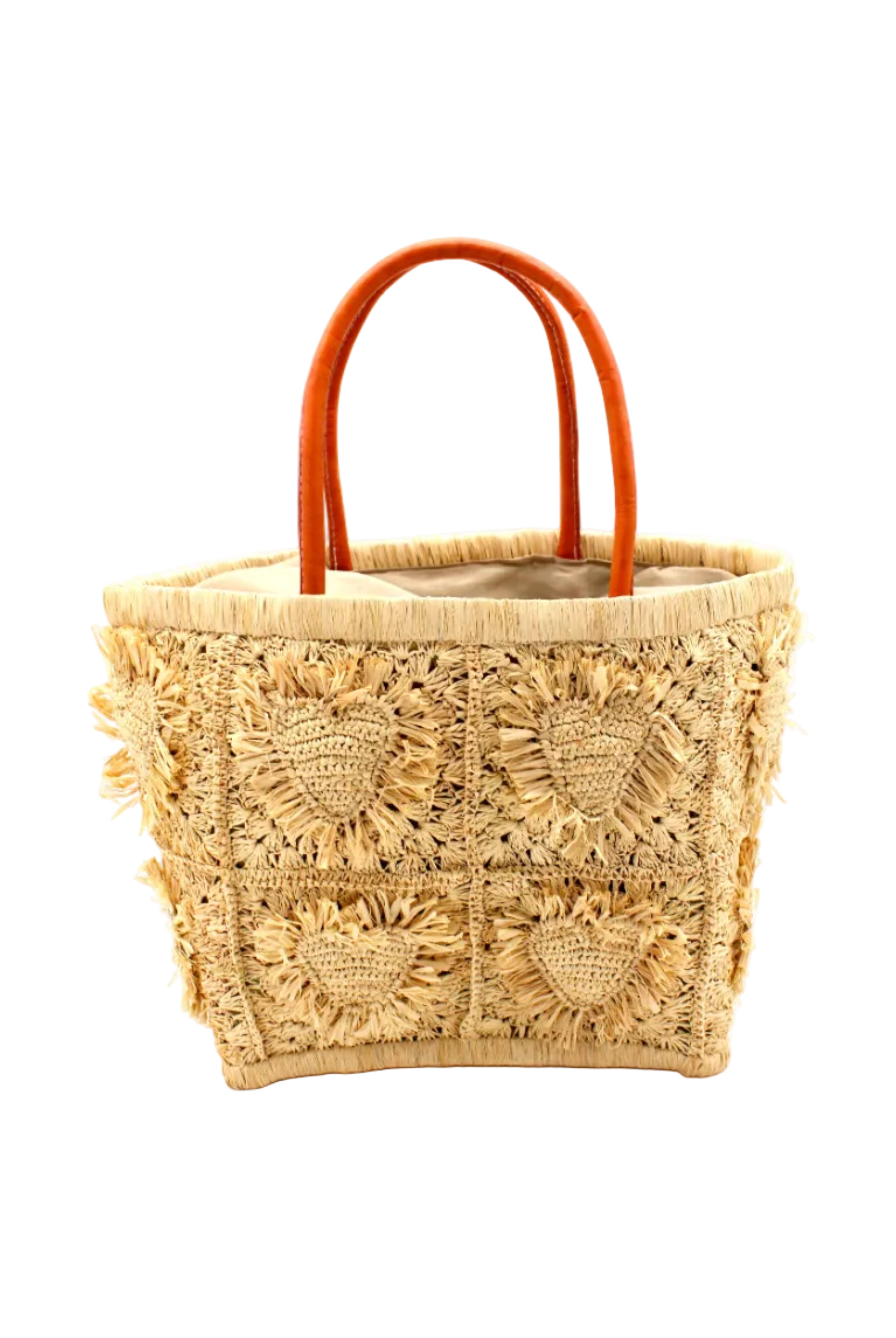 Hearts Crochet Straw Basket Bag with Fringed Heart Pattern handmade woven raffia in a solid hue of natural straw color with granny square pattern and raised/stuffed heart pattern with fringe edges on each heart, looped base and top binding, as well as leather handles purse beach bag shoulder bag - Shebobo