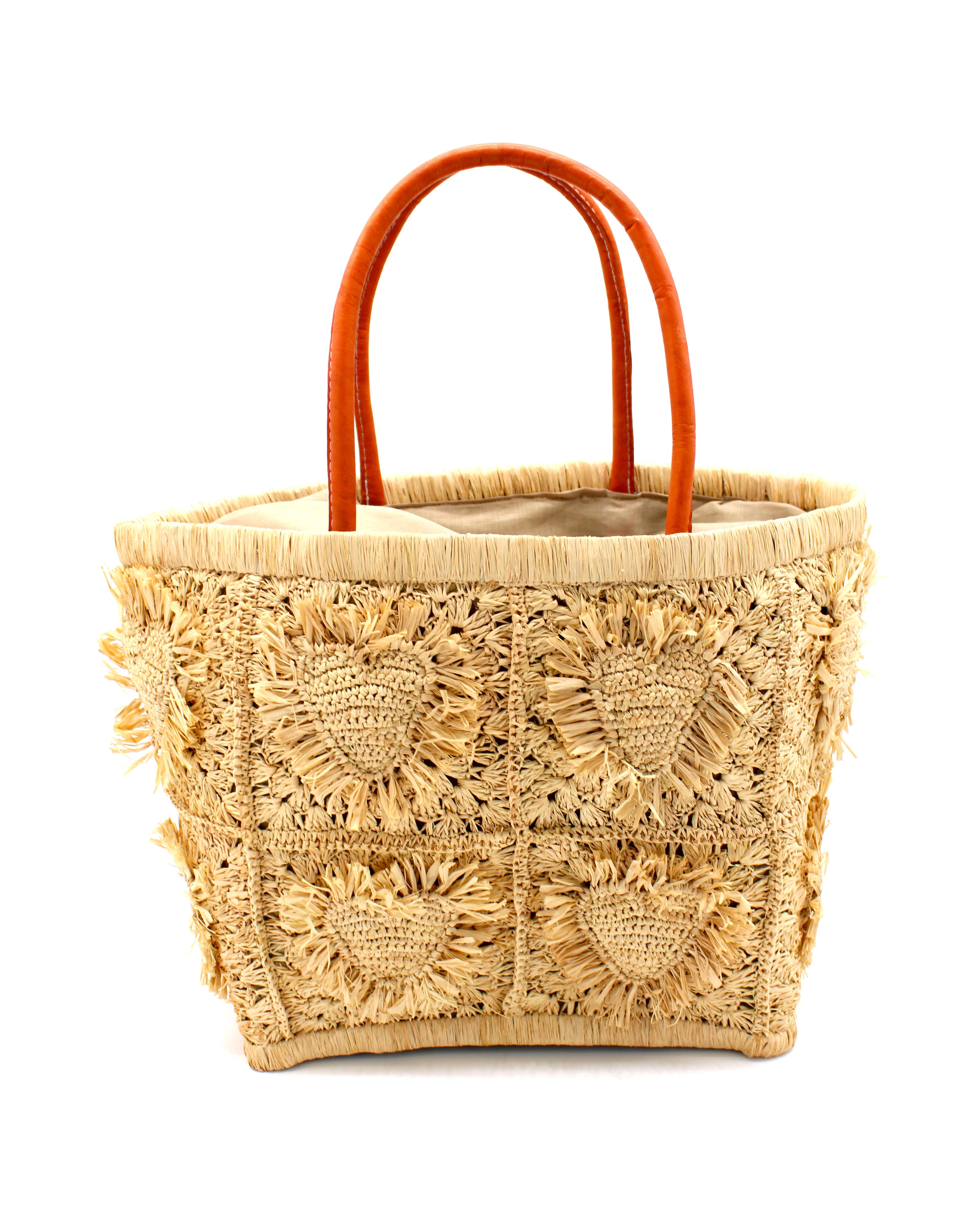 Hearts Crochet Straw Basket Bag with Fringed Heart Pattern handmade woven raffia in a solid hue of natural straw color with granny square pattern and raised/stuffed heart pattern with fringe edges on each heart, looped base and top binding, as well as leather handles purse beach bag shoulder bag - Shebobo