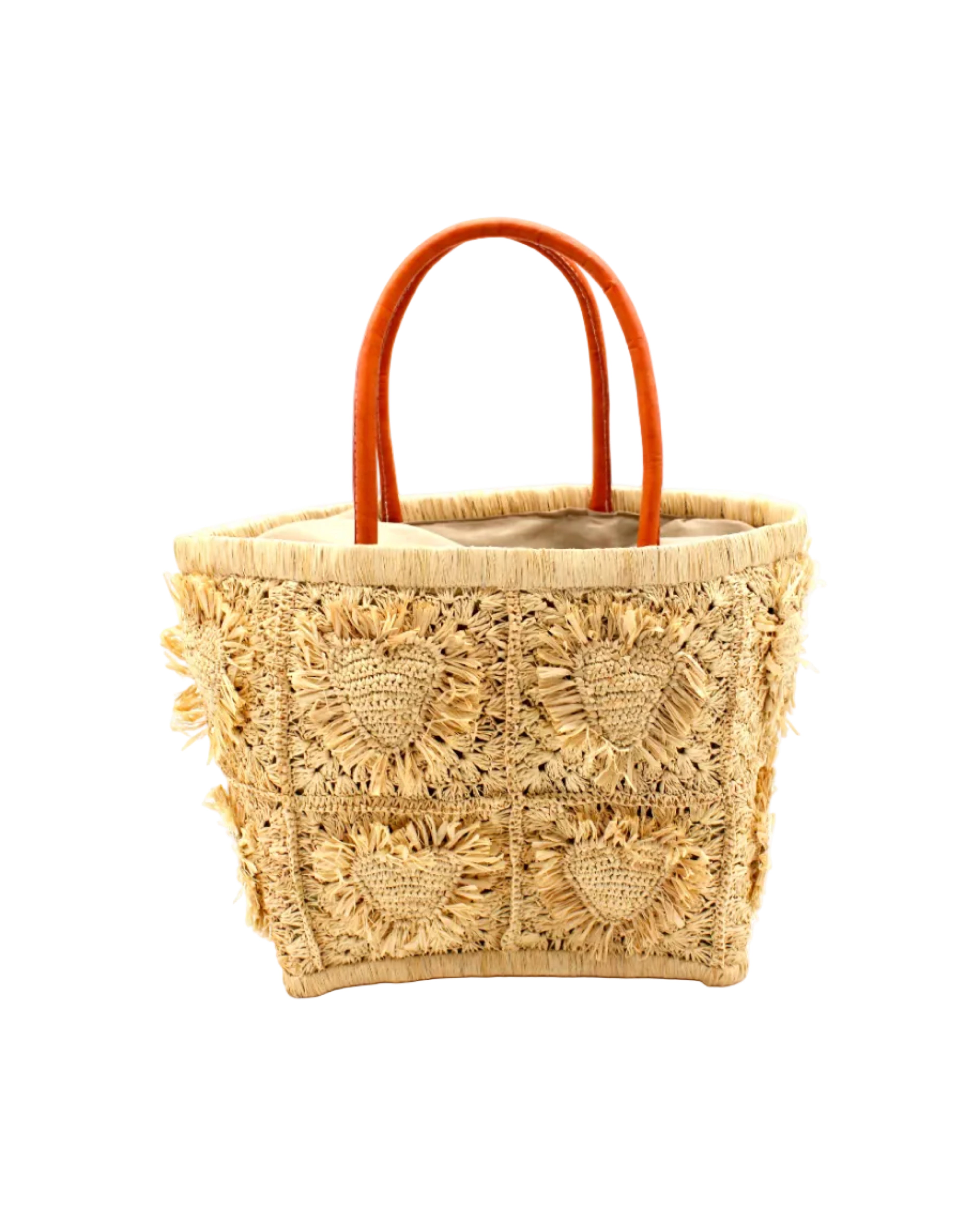 Hearts Crochet Straw Basket Bag with Fringed Heart Pattern handmade woven raffia in a solid hue of natural straw color with granny square pattern and raised/stuffed heart pattern with fringe edges on each heart, looped base and top binding, as well as leather handles purse beach bag shoulder bag - Shebobo